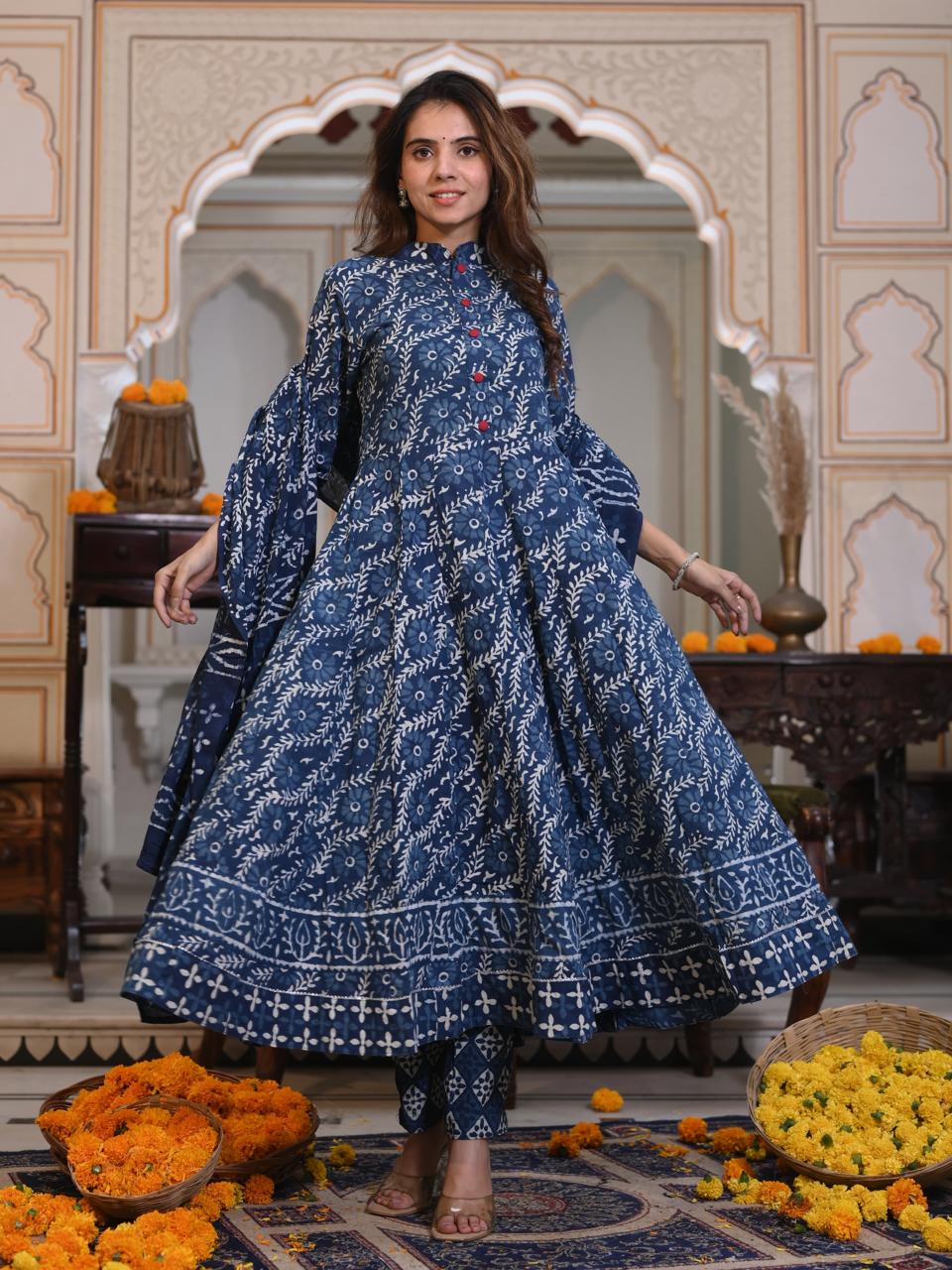 Bagru Handblock Printed Anarkali Set Kurti Pant Dupatta Suits