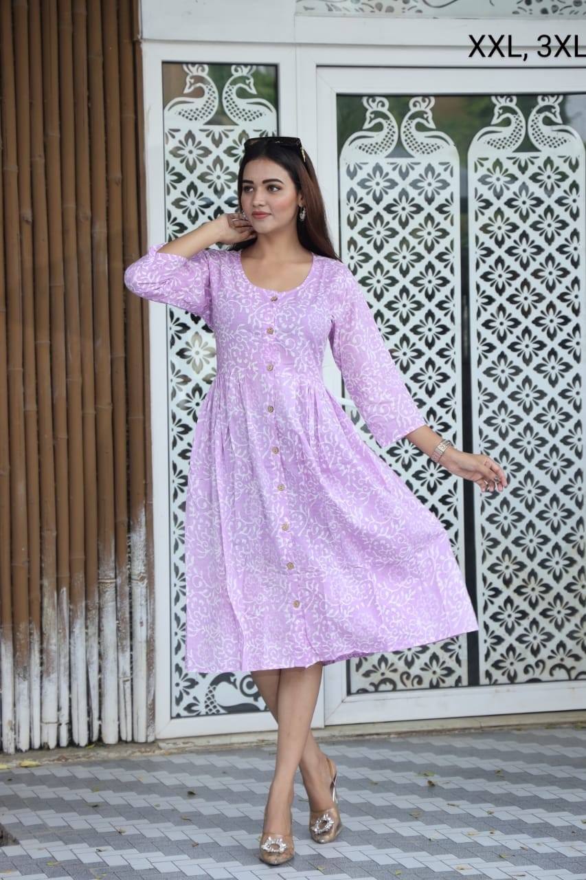 Handblock Print Cotton Kurti One Piece Dress With Sleeves