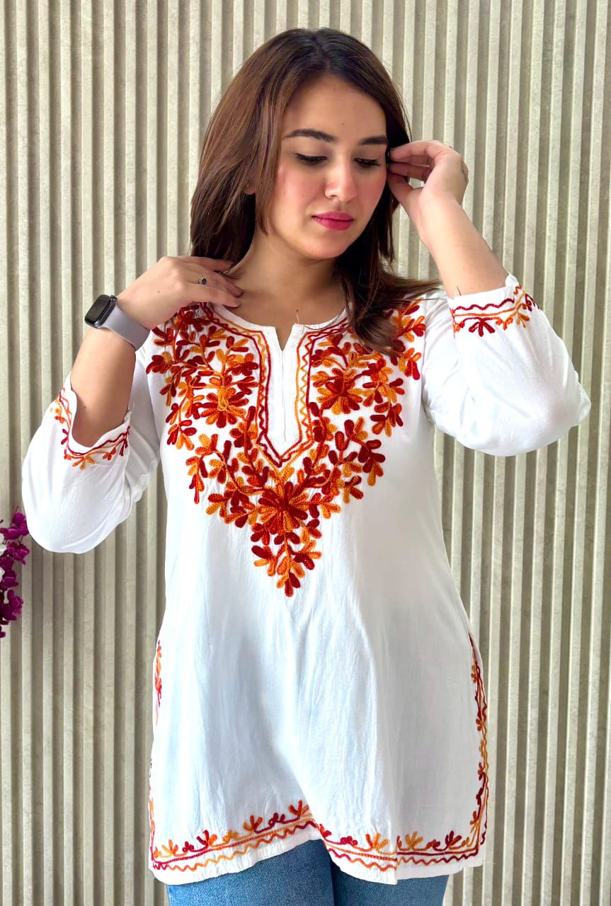 PREMIUM AARI EMBROIDERED FANCY RAYON KURTI WITH MODISH DESIGN AND COMFY FABRIC TO WEAR