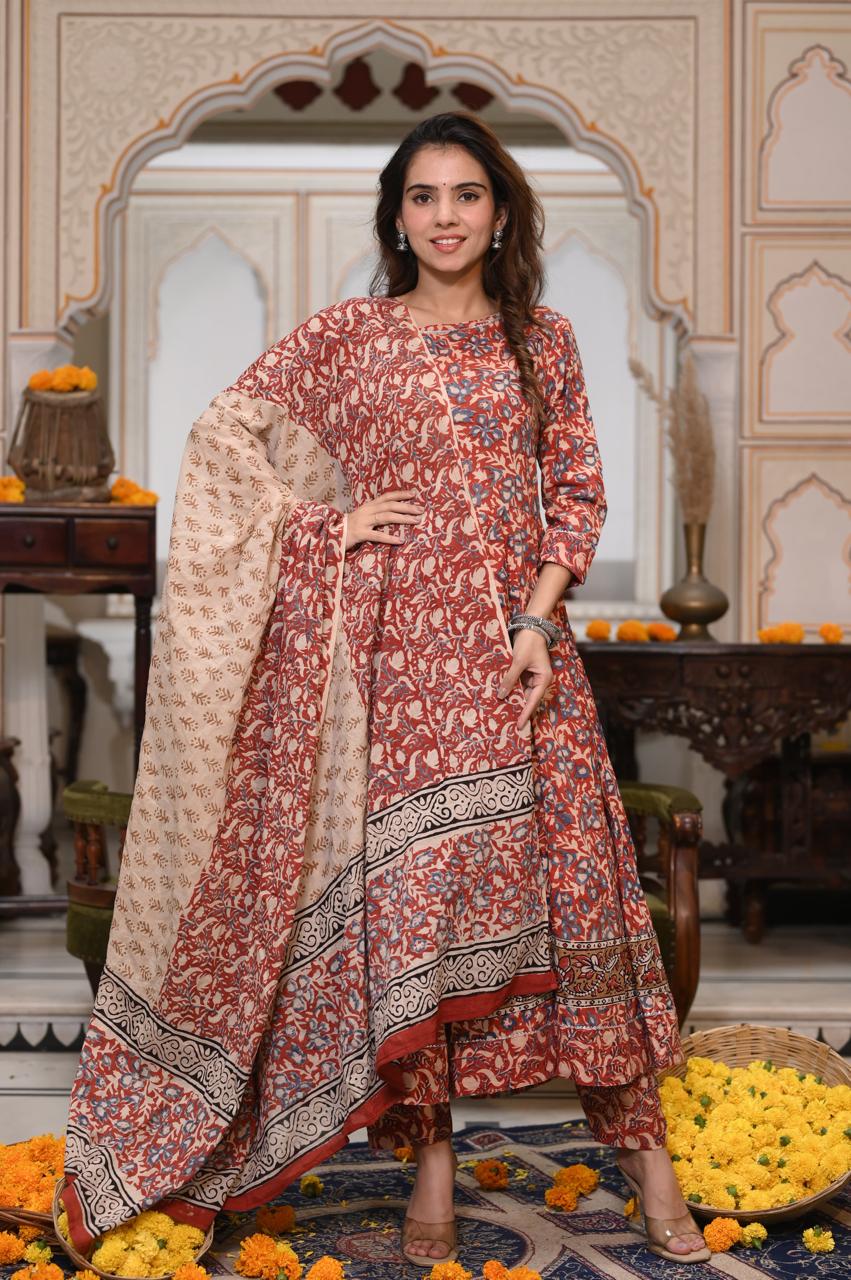 Bagru Handblock Printed Anarkali Set Kurti Pant Dupatta Suits