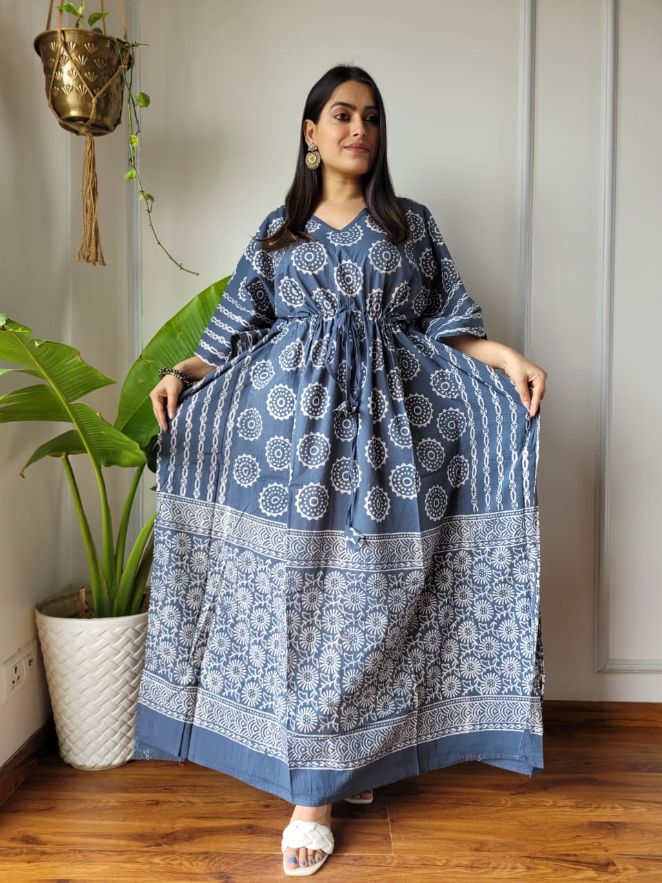 Pure Cotton Handblock Print Kaftan Maxi Night Wear Lounge Wear Night Gown Dress