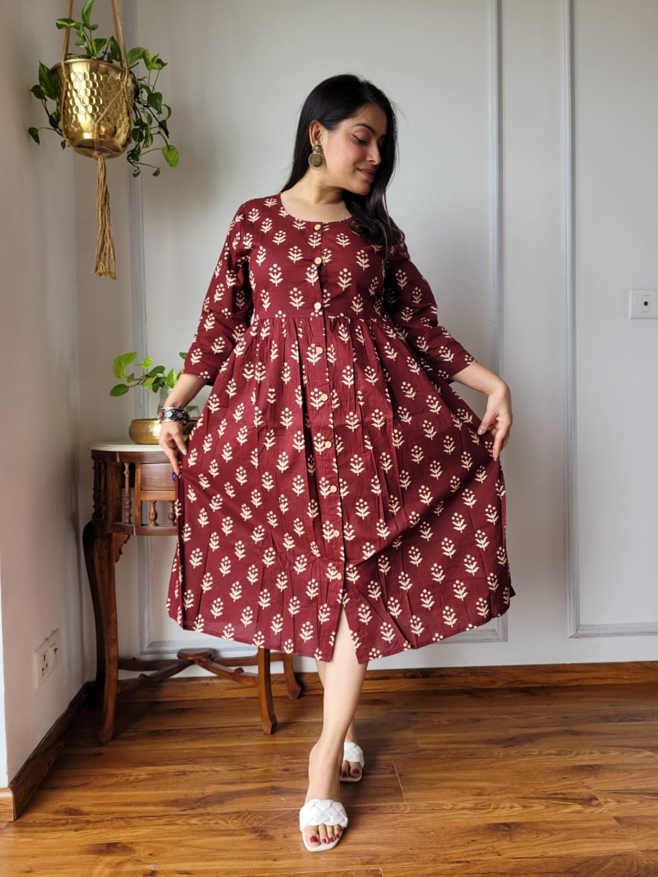 Handblock Print Cotton Kurti One Piece Dress With Sleeves