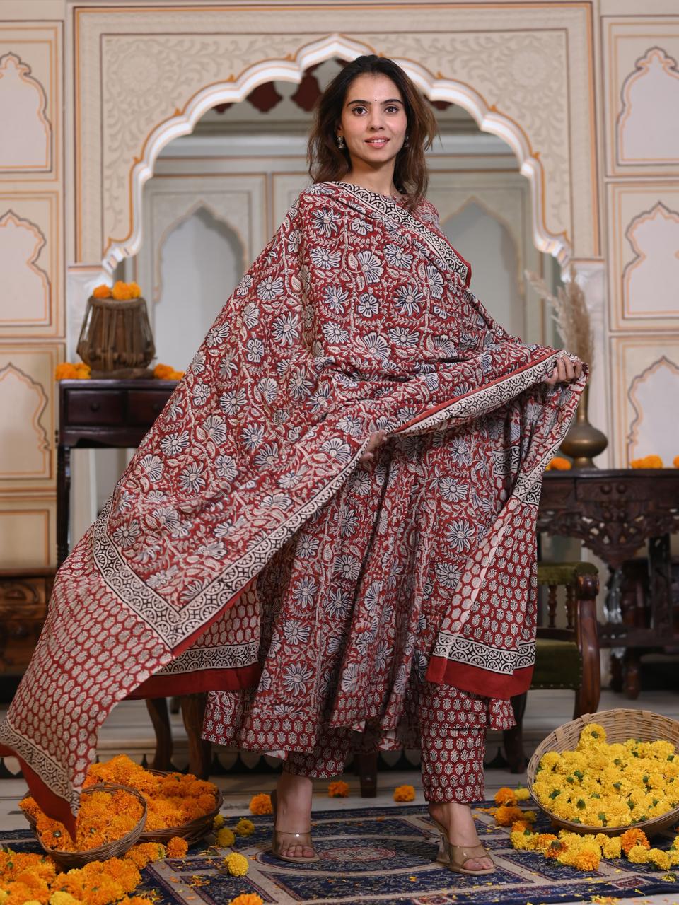 Bagru Handblock Printed Anarkali Set Kurti Pant Dupatta Suits