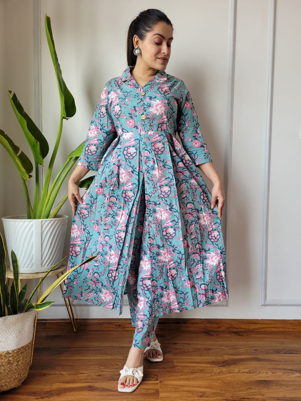 Nyra Cut Handblock Printed Cotton Kurti Pant Set Dress