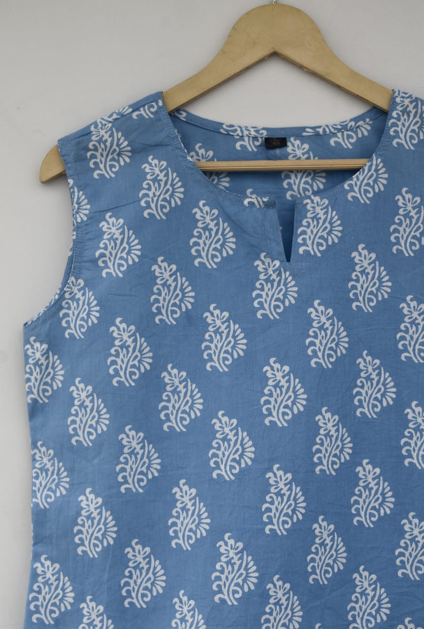 Cotton sleeveless tops kurti handblock print handmade natural colors