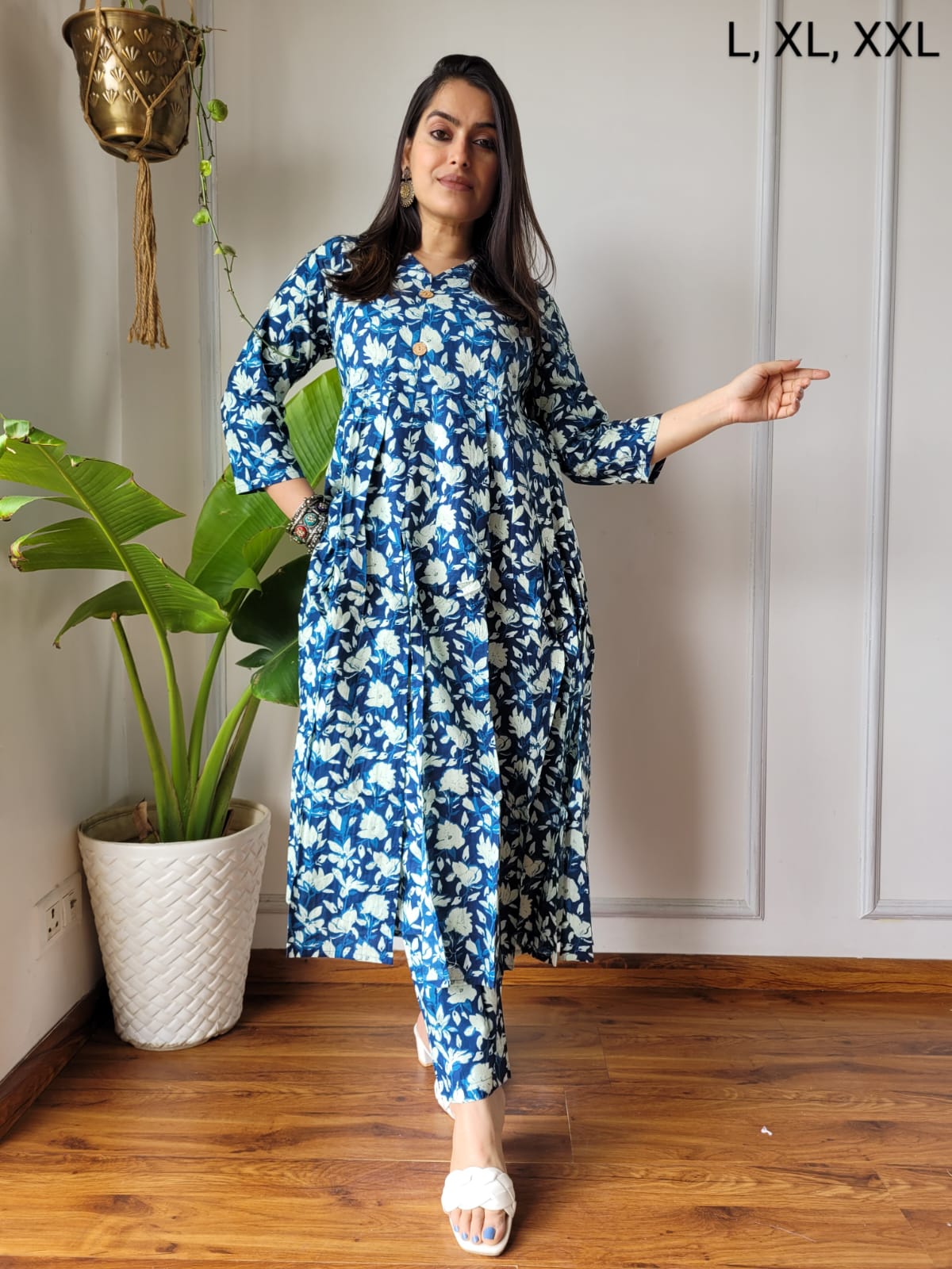 Nyra Cut Handblock Printed Cotton Kurti Pant Set Dress