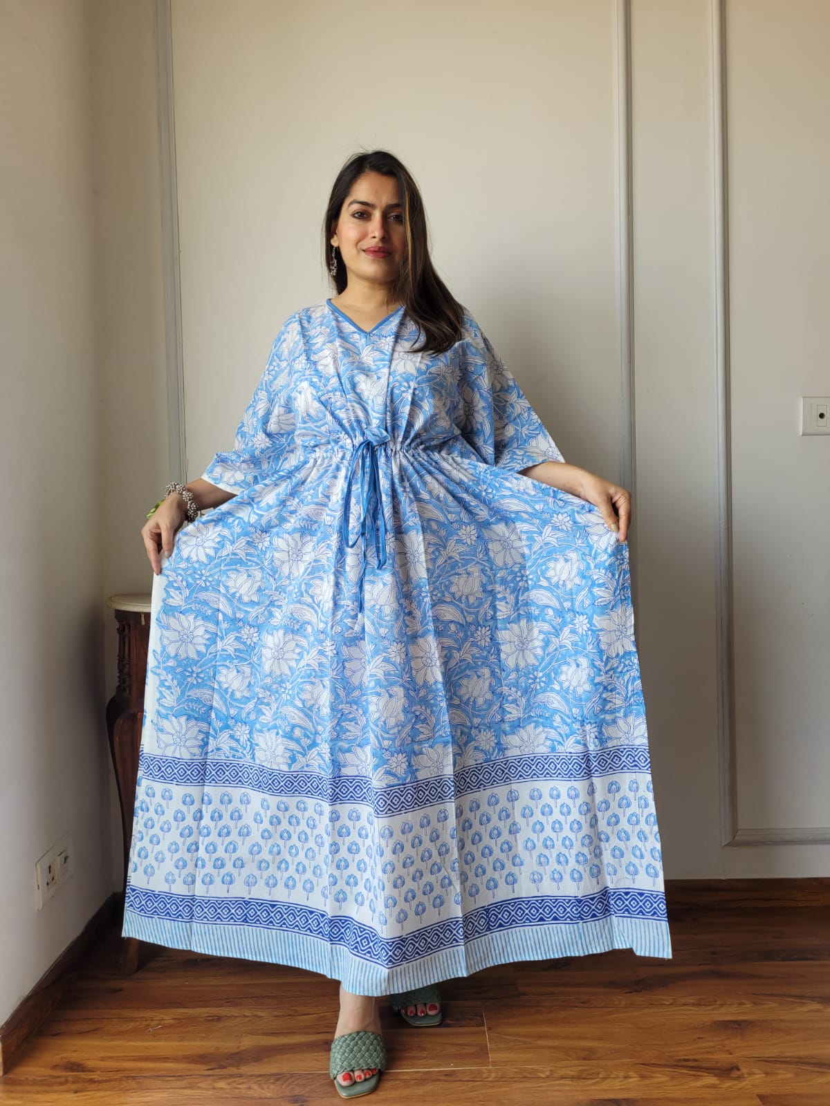 Pure Cotton Handblock Print Kaftan Maxi Night Wear Lounge Wear Night Gown Dress
