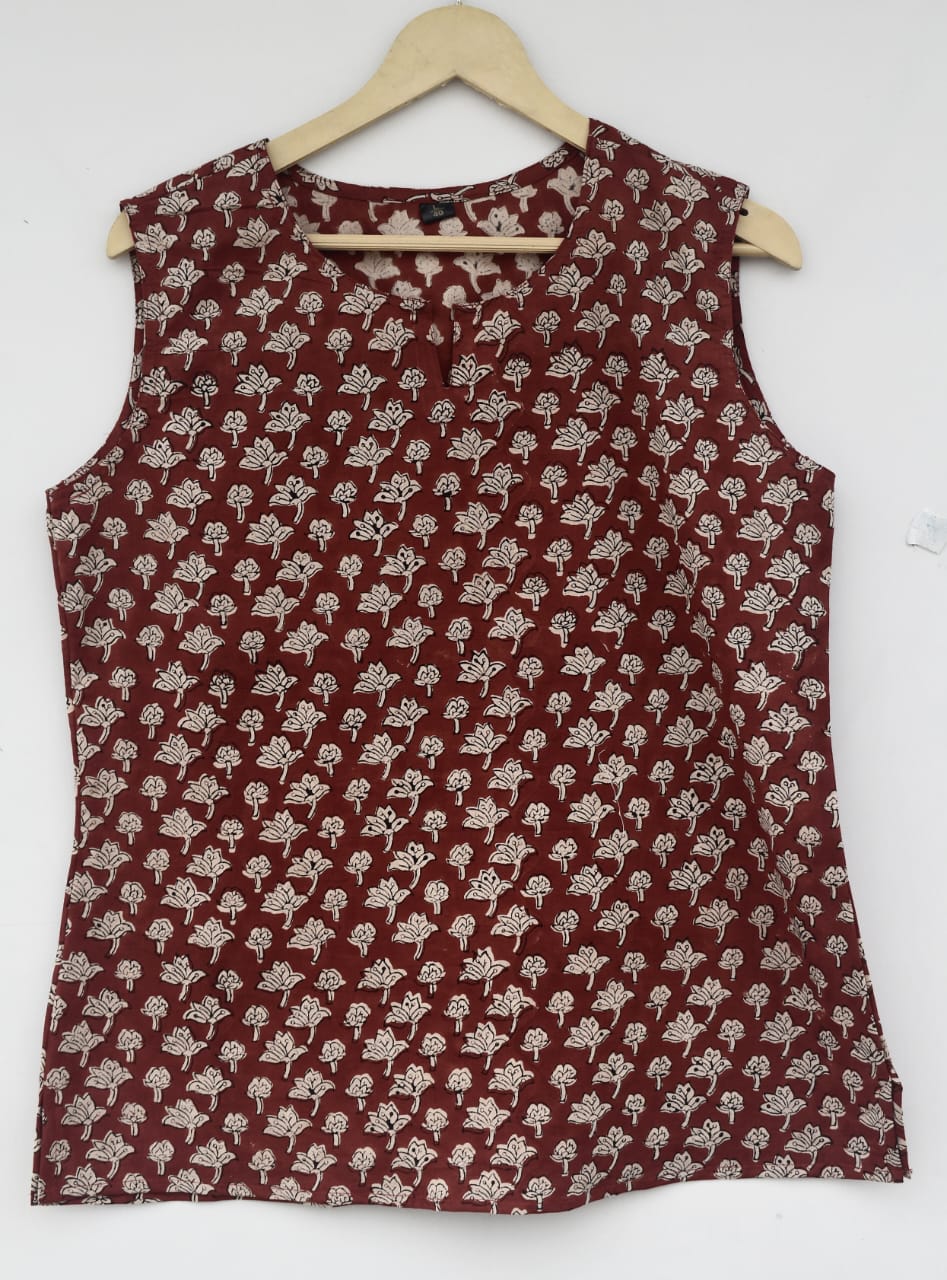 Cotton sleeveless tops kurti handblock print handmade natural colors