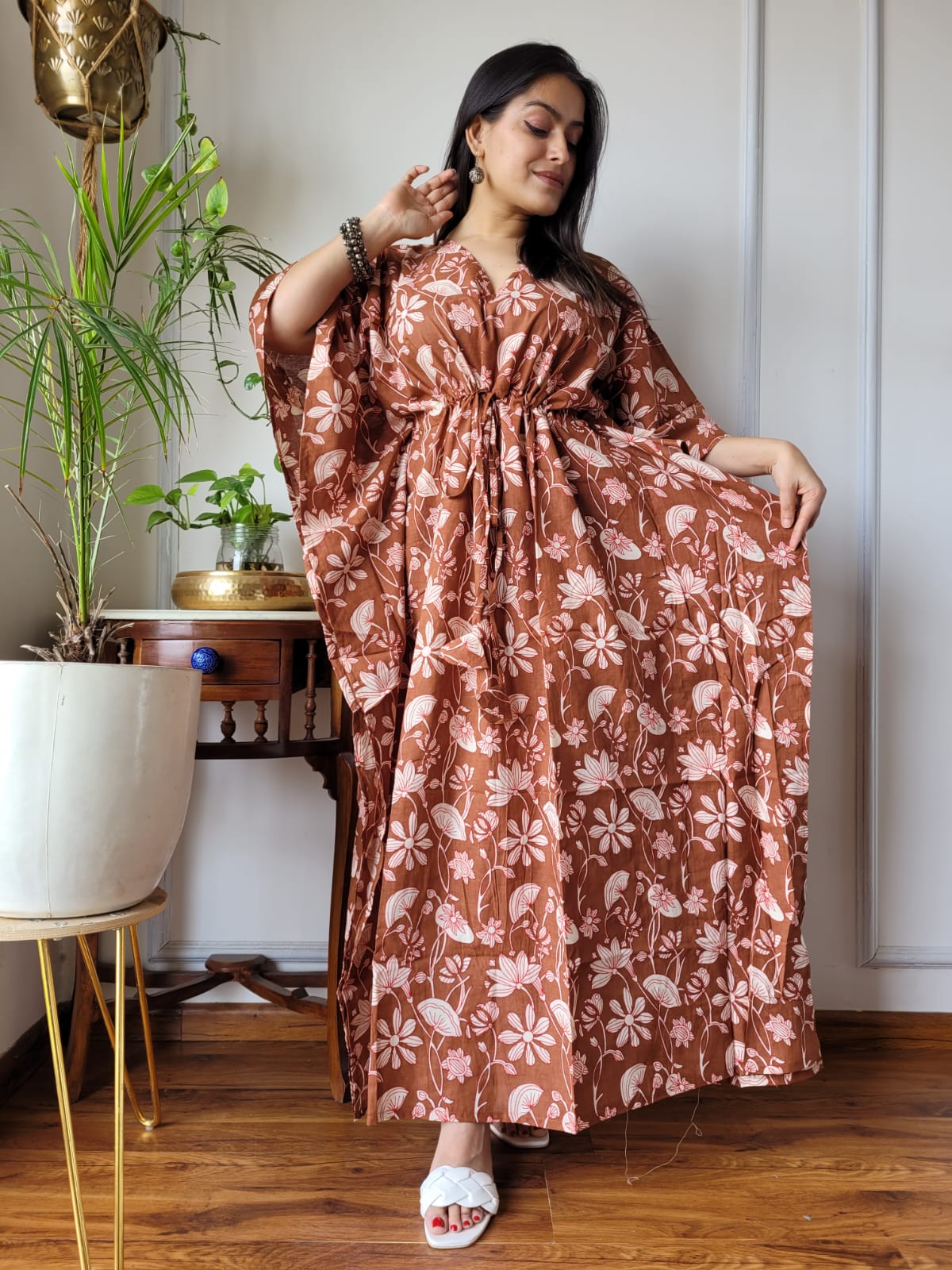 Pure Cotton Handblock Print Kaftan Maxi Night Wear Lounge Wear Night Gown Dress