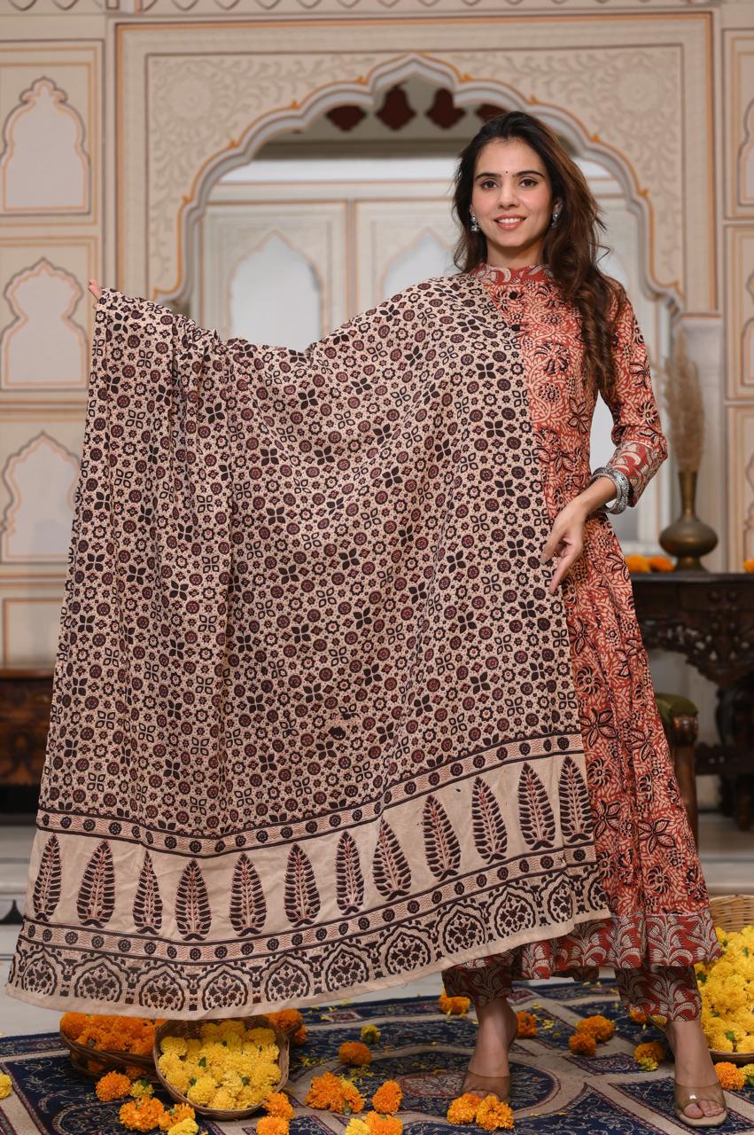 Bagru Handblock Printed Anarkali Set Kurti Pant Dupatta Suits