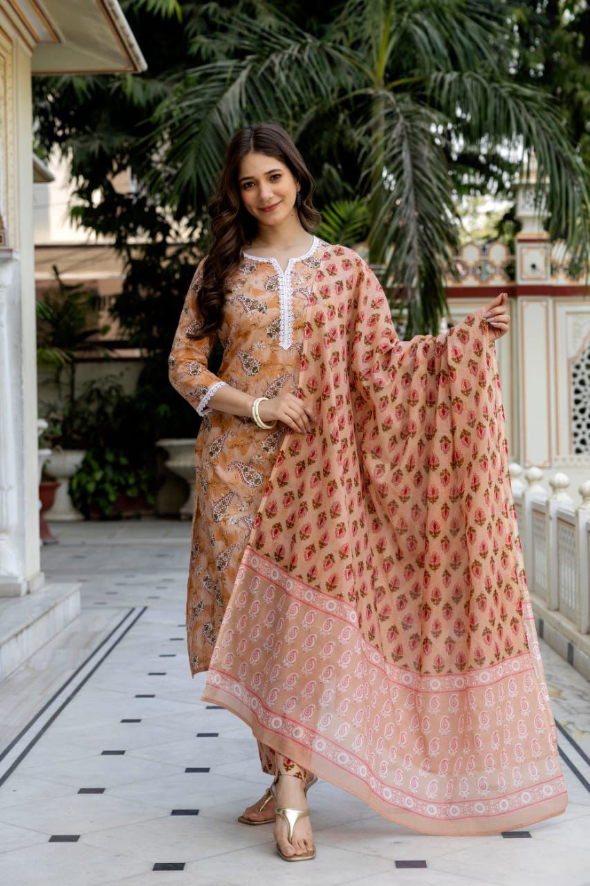 Jaipuri suits cotton kurti pant dupatta sanganeri print dress