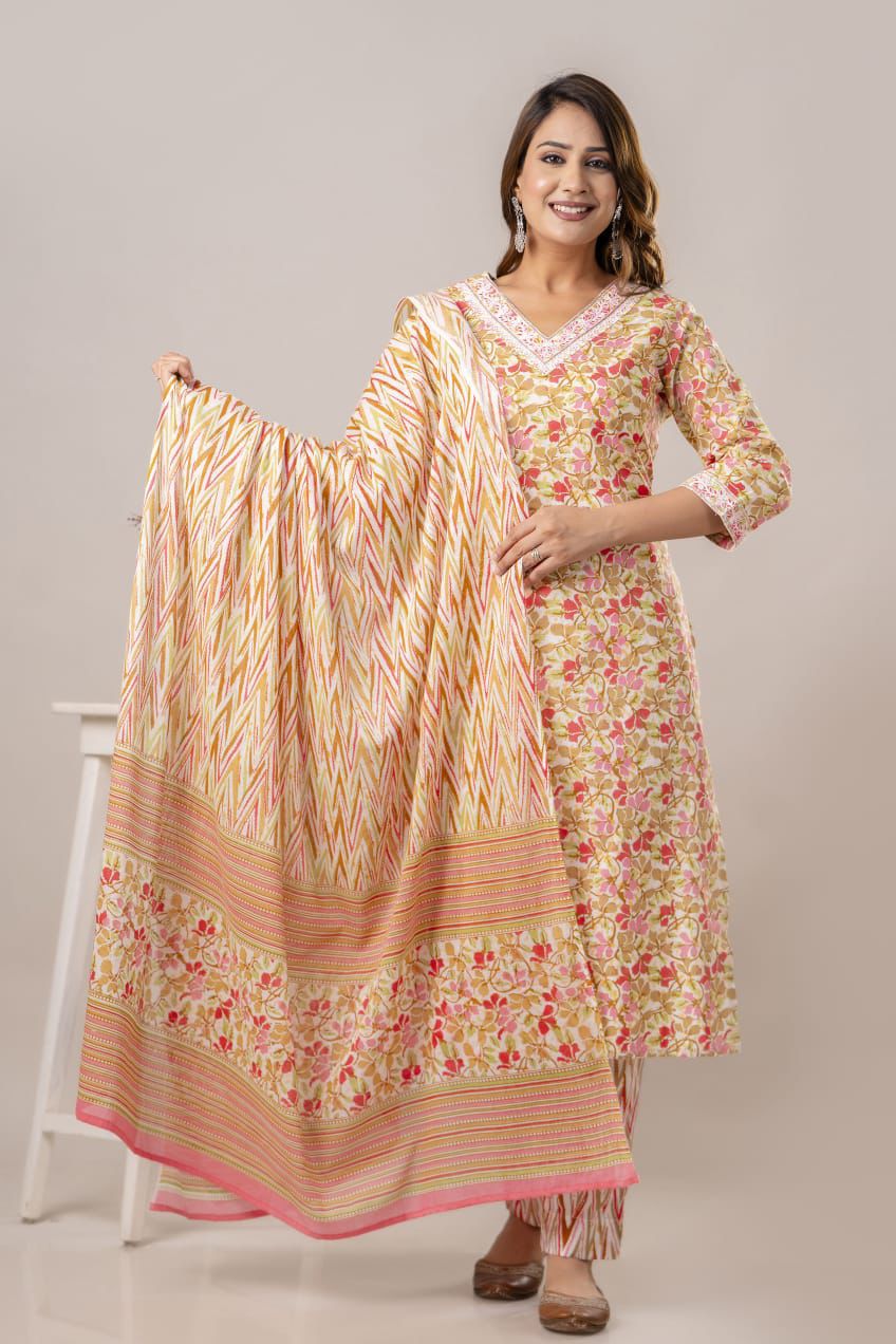 Jaipuri suits cotton kurti pant dupatta sanganeri print dress