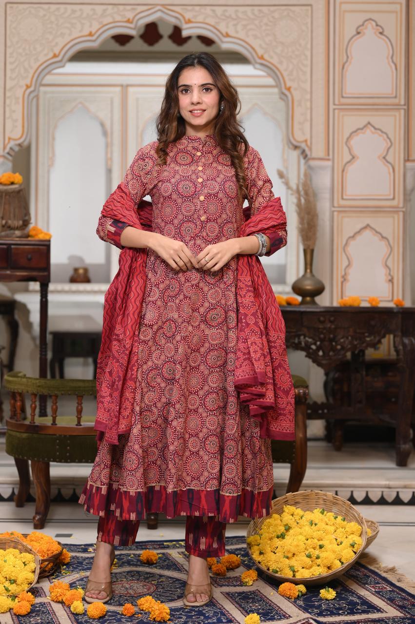 Bagru Handblock Printed Anarkali Set Kurti Pant Dupatta Suits