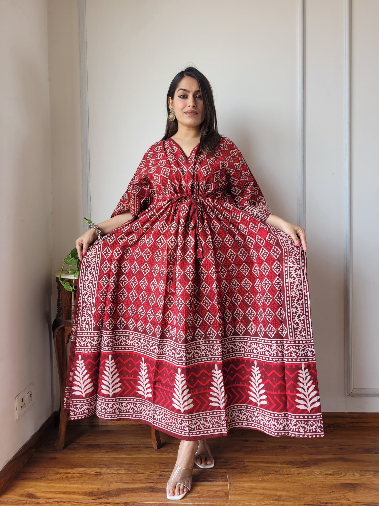 Pure Cotton Handblock Print Kaftan Maxi Night Wear Lounge Wear Night Gown Dress