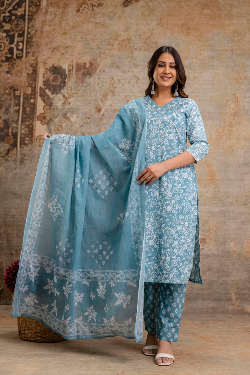 Jaipuri suits cotton kurti pant dupatta sanganeri print dress