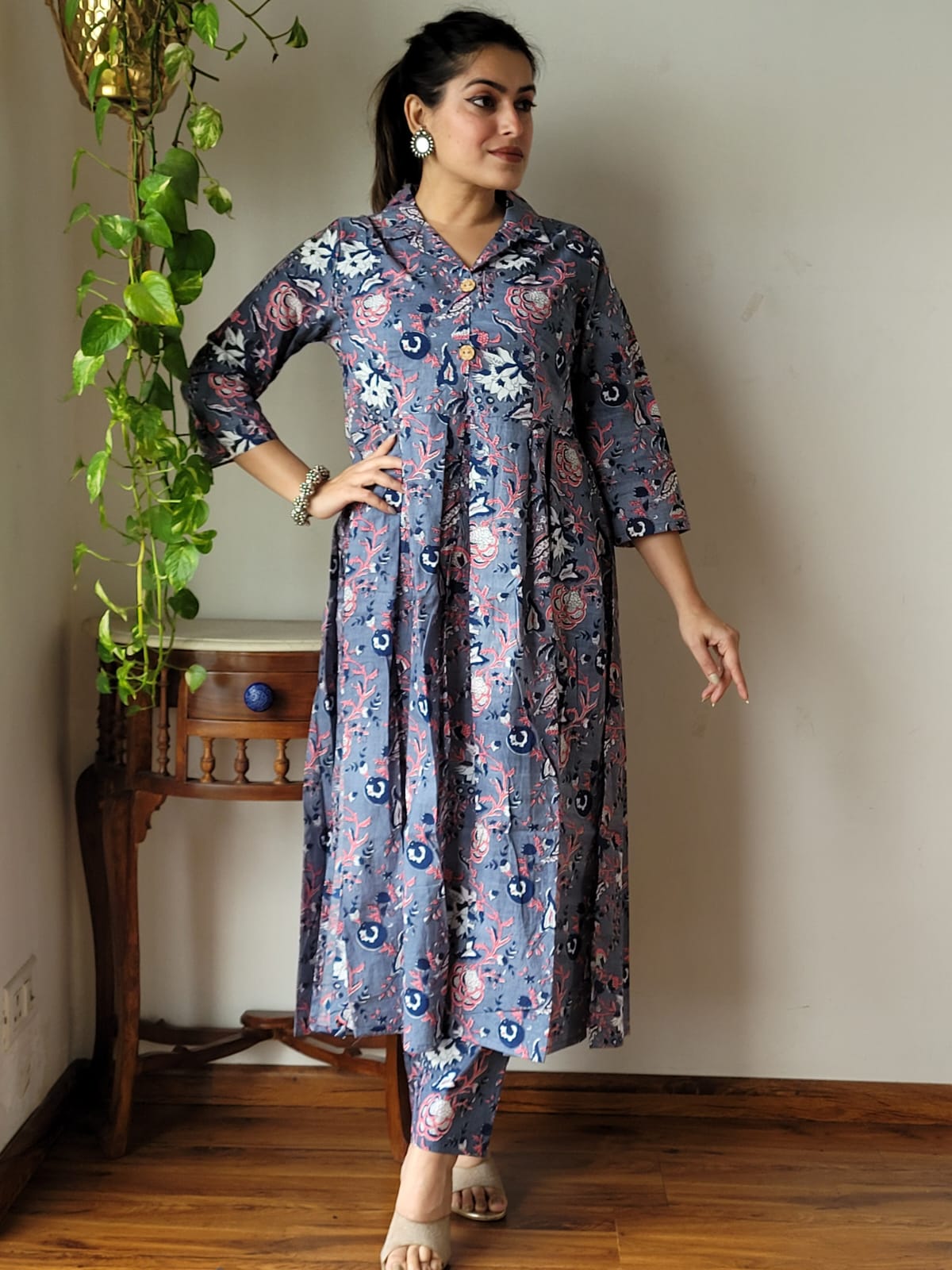 Nyra Cut Handblock Printed Cotton Kurti Pant Set Dress