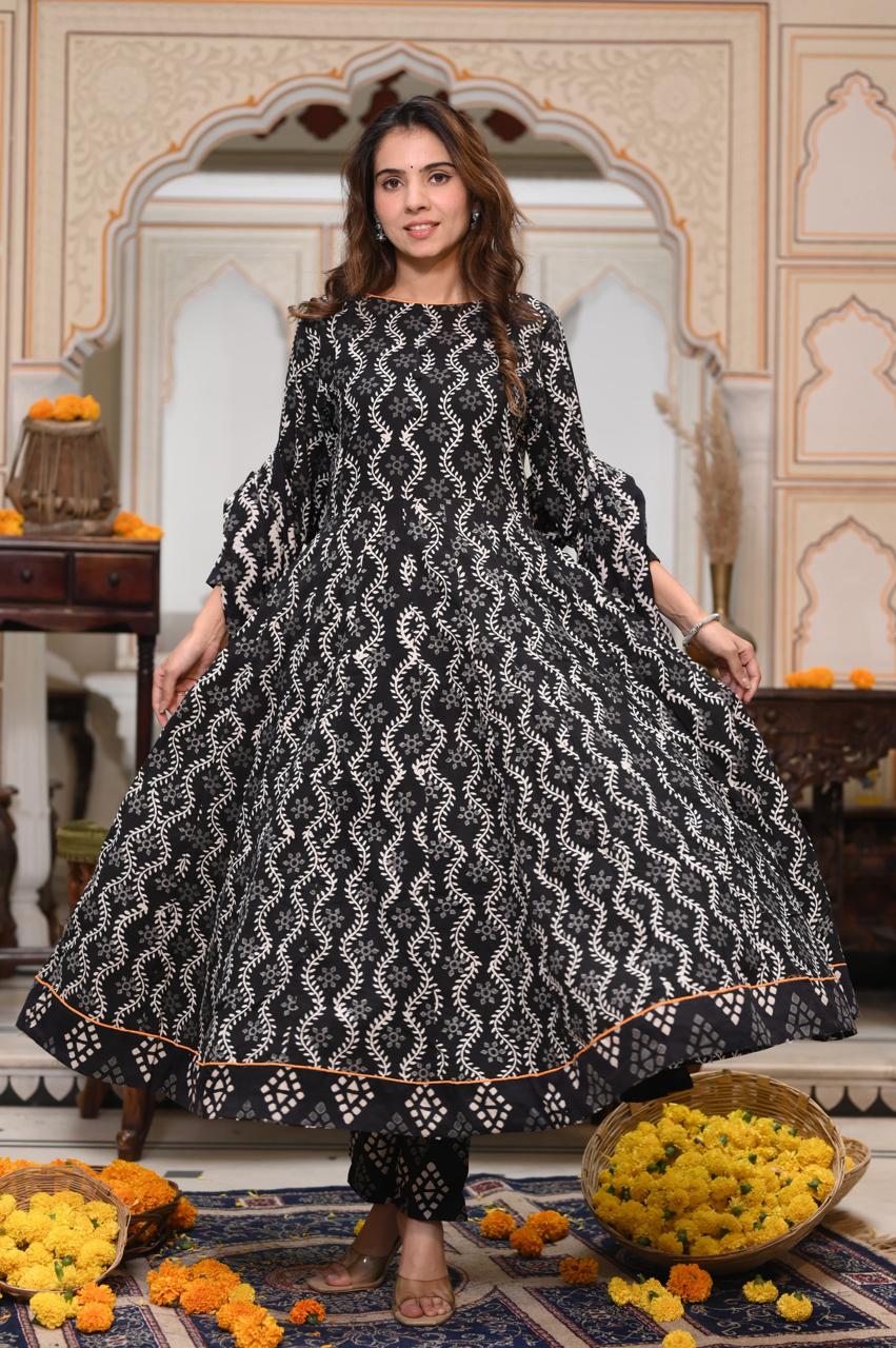 Bagru Handblock Printed Anarkali Set Kurti Pant Dupatta Suits