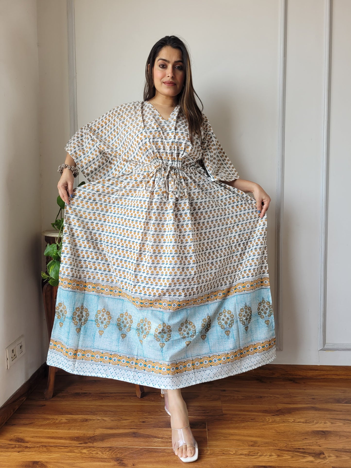 Pure Cotton Handblock Print Kaftan Maxi Night Wear Lounge Wear Night Gown Dress
