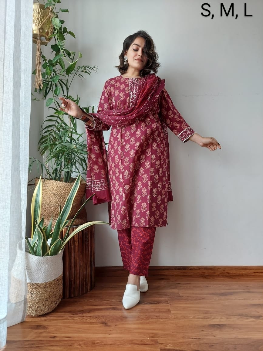 Premium Quality Handblock Print Cotton Suits Kurti Pant Dupatta Set