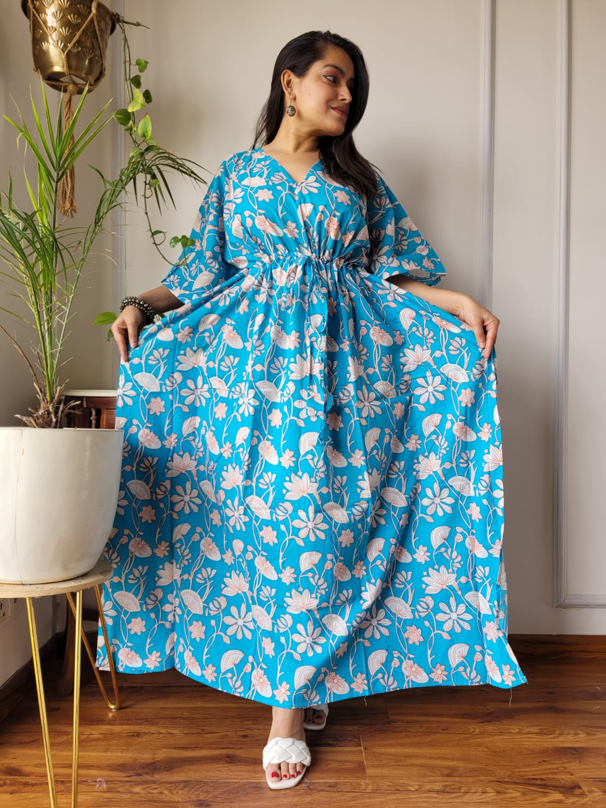 Pure Cotton Handblock Print Kaftan Maxi Night Wear Lounge Wear Night Gown Dress