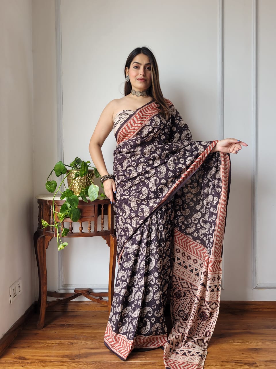 Handblock Printed Cotton Saree With Blouse Piece