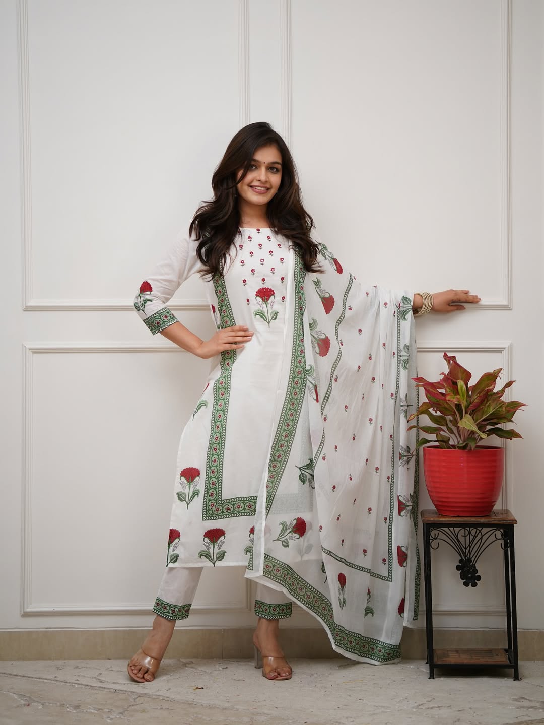 Cotton Kurti Pant Dupatta With Work on Neck & Floral Print