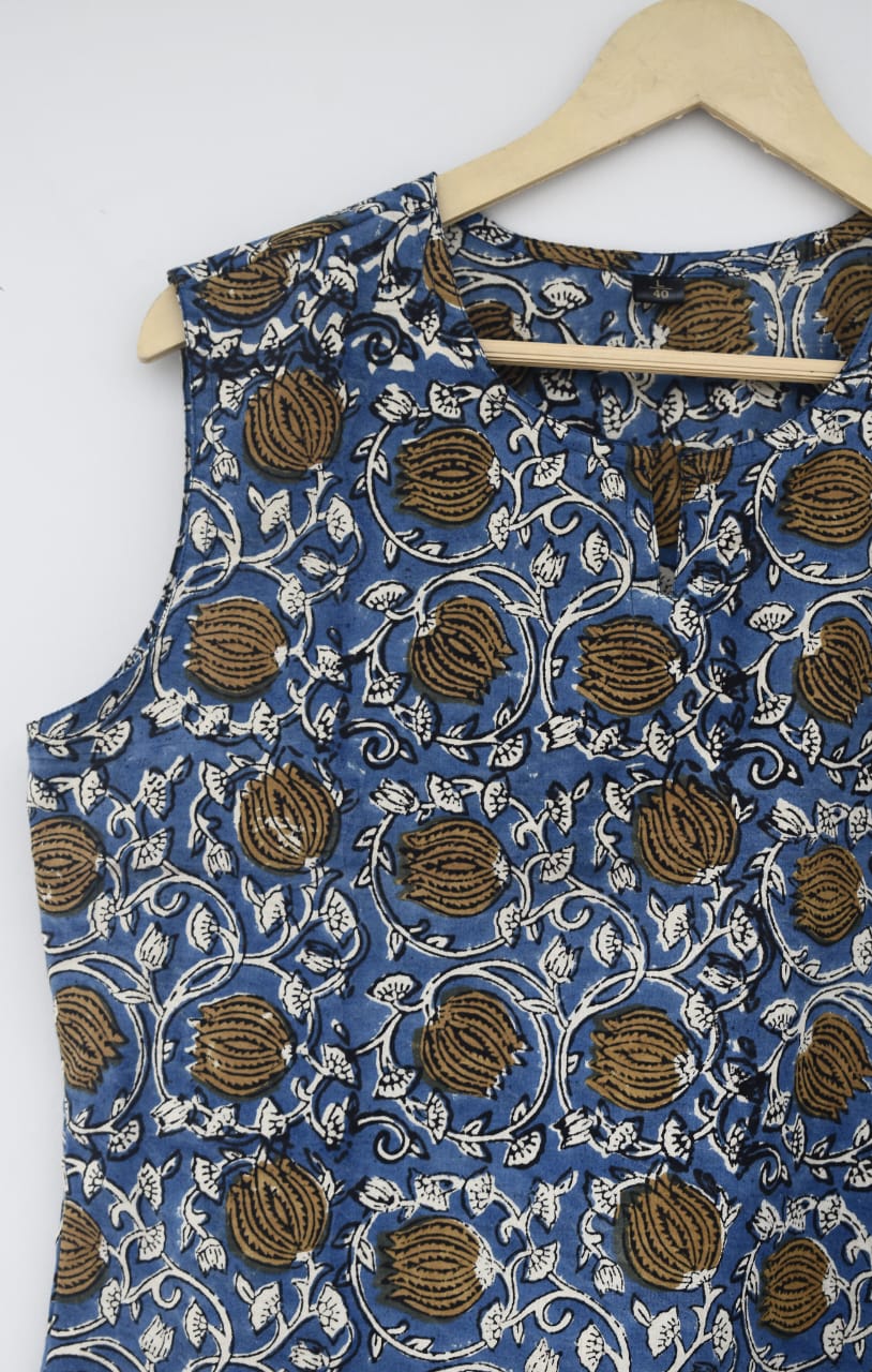 Cotton sleeveless tops kurti handblock print handmade natural colors