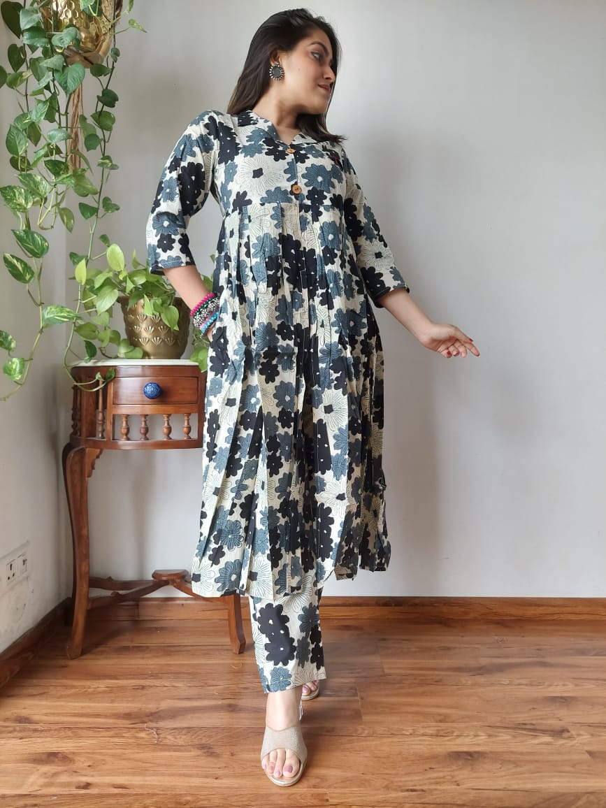 Nyra Cut Handblock Printed Cotton Kurti Pant Set Dress