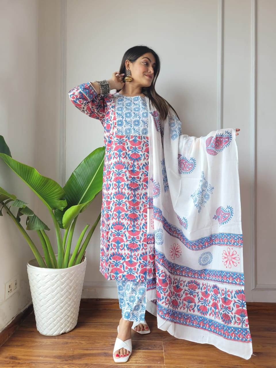Premium Quality Handblock Print Cotton Suits Kurti Pant Dupatta Set