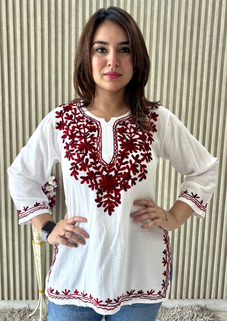 PREMIUM AARI EMBROIDERED FANCY RAYON KURTI WITH MODISH DESIGN AND COMFY FABRIC TO WEAR