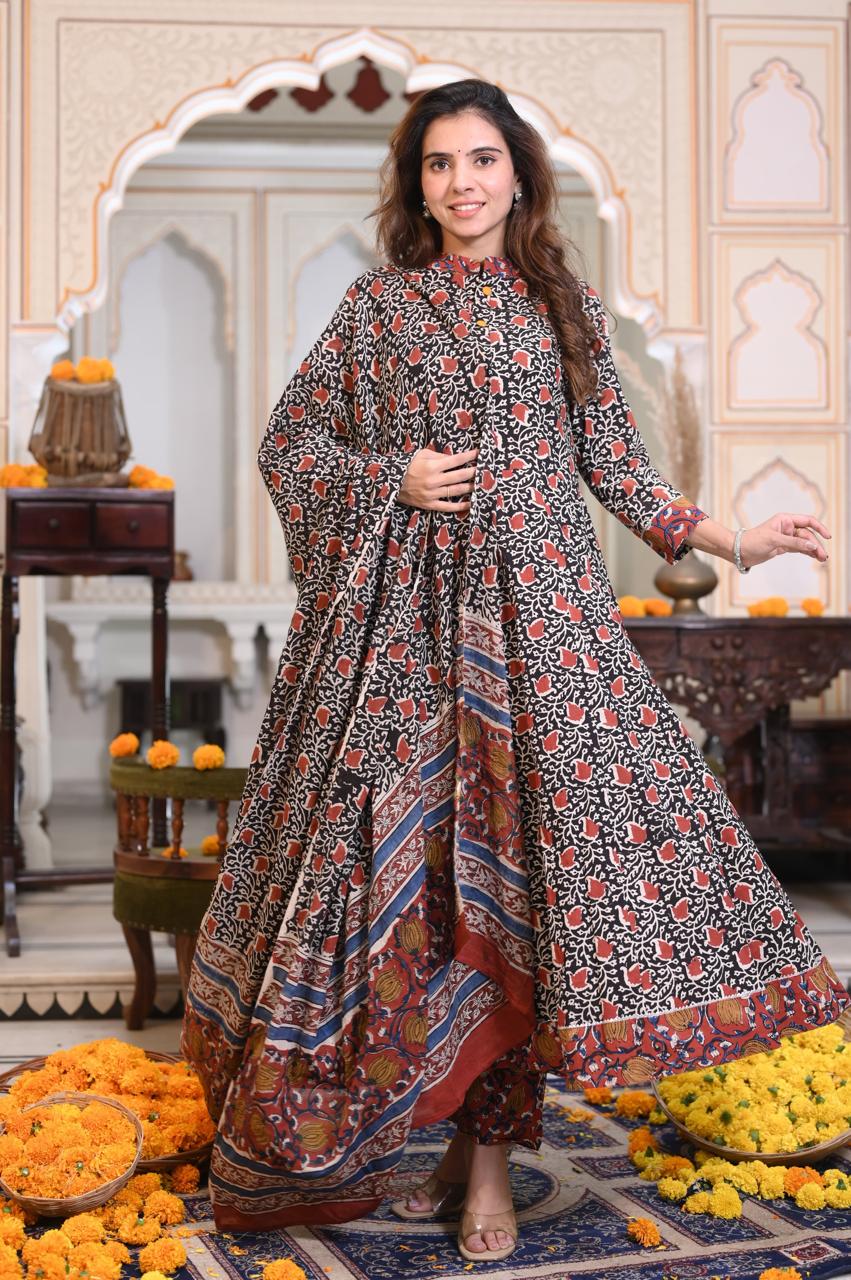 Bagru Handblock Printed Anarkali Set Kurti Pant Dupatta Suits