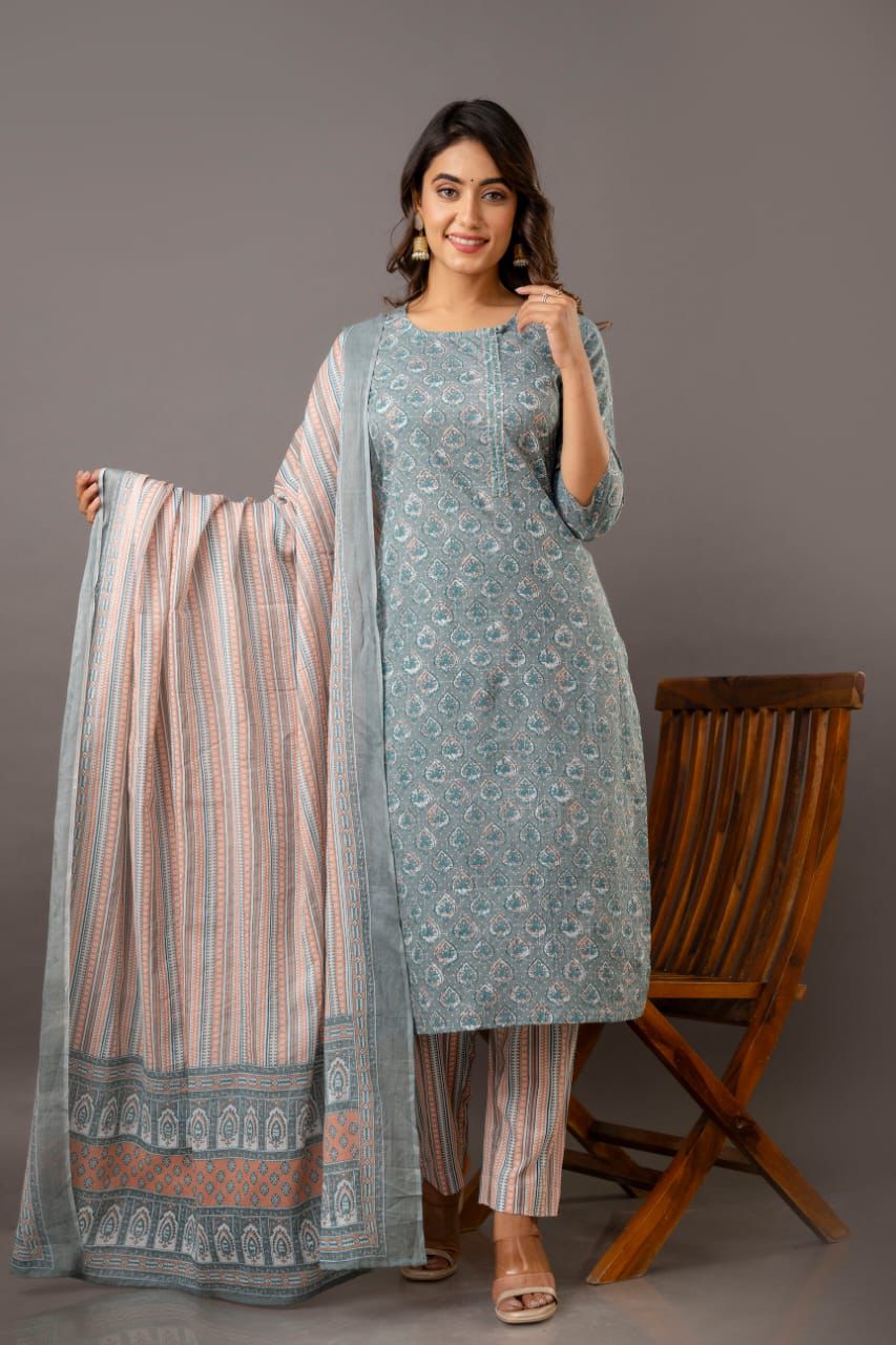 Jaipuri suits cotton kurti pant dupatta sanganeri print dress