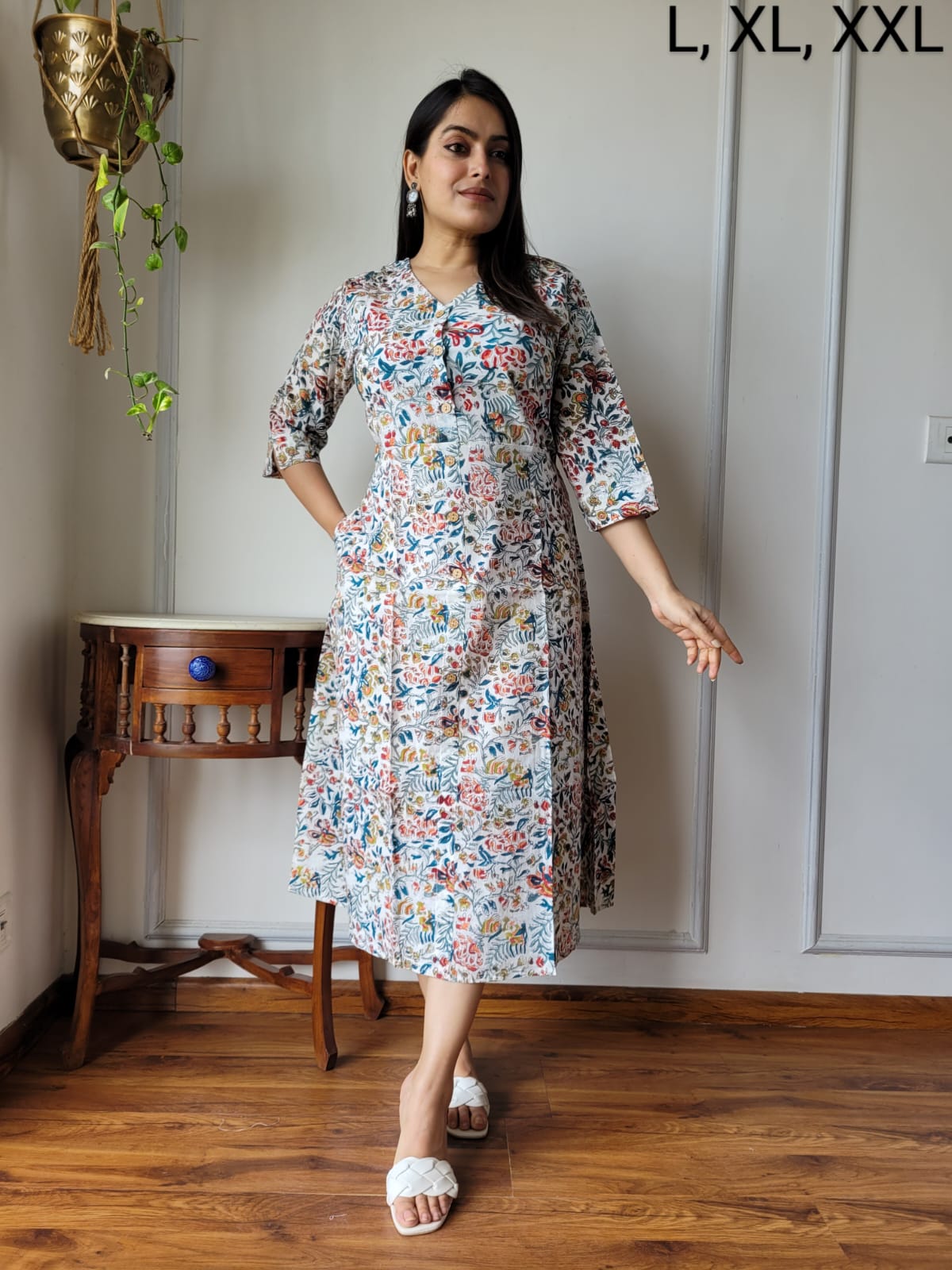 Handblock Print Cotton Kurti One Piece Dress With Sleeves