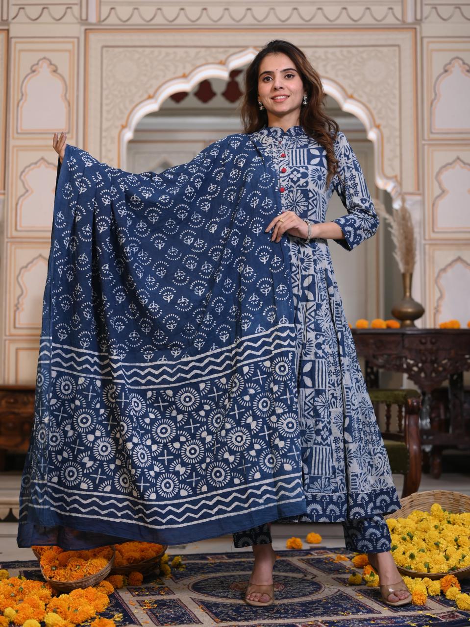 Bagru Handblock Printed Anarkali Set Kurti Pant Dupatta Suits