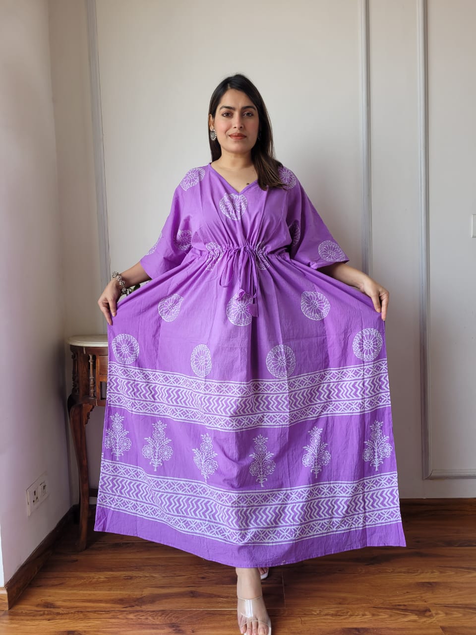 Pure Cotton Handblock Print Kaftan Maxi Night Wear Lounge Wear Night Gown Dress