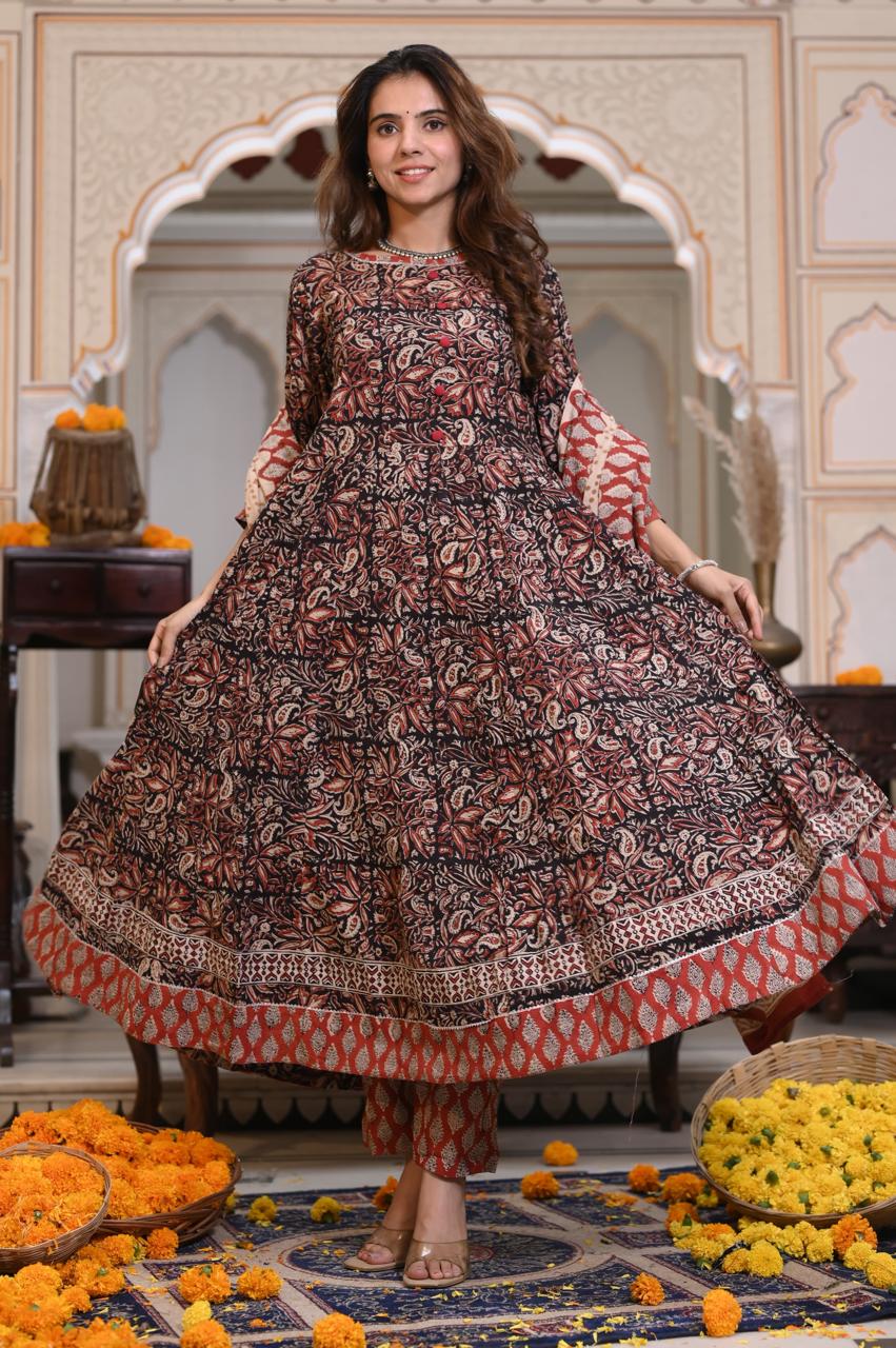 Bagru Handblock Printed Anarkali Set Kurti Pant Dupatta Suits