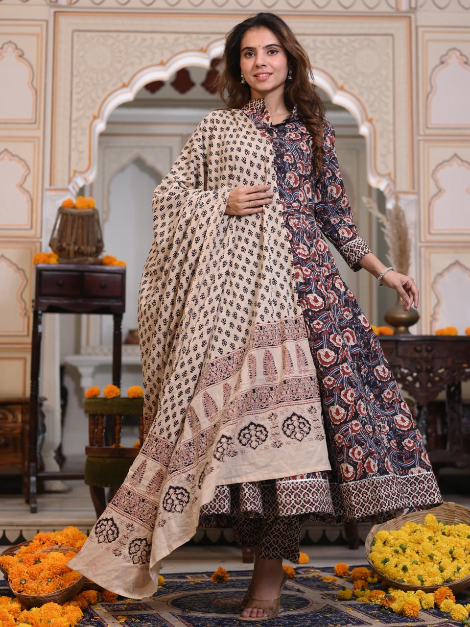 Bagru Handblock Printed Anarkali Set Kurti Pant Dupatta Suits