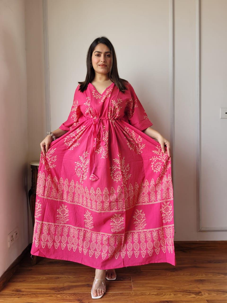 Pure Cotton Handblock Print Kaftan Maxi Night Wear Lounge Wear Night Gown Dress