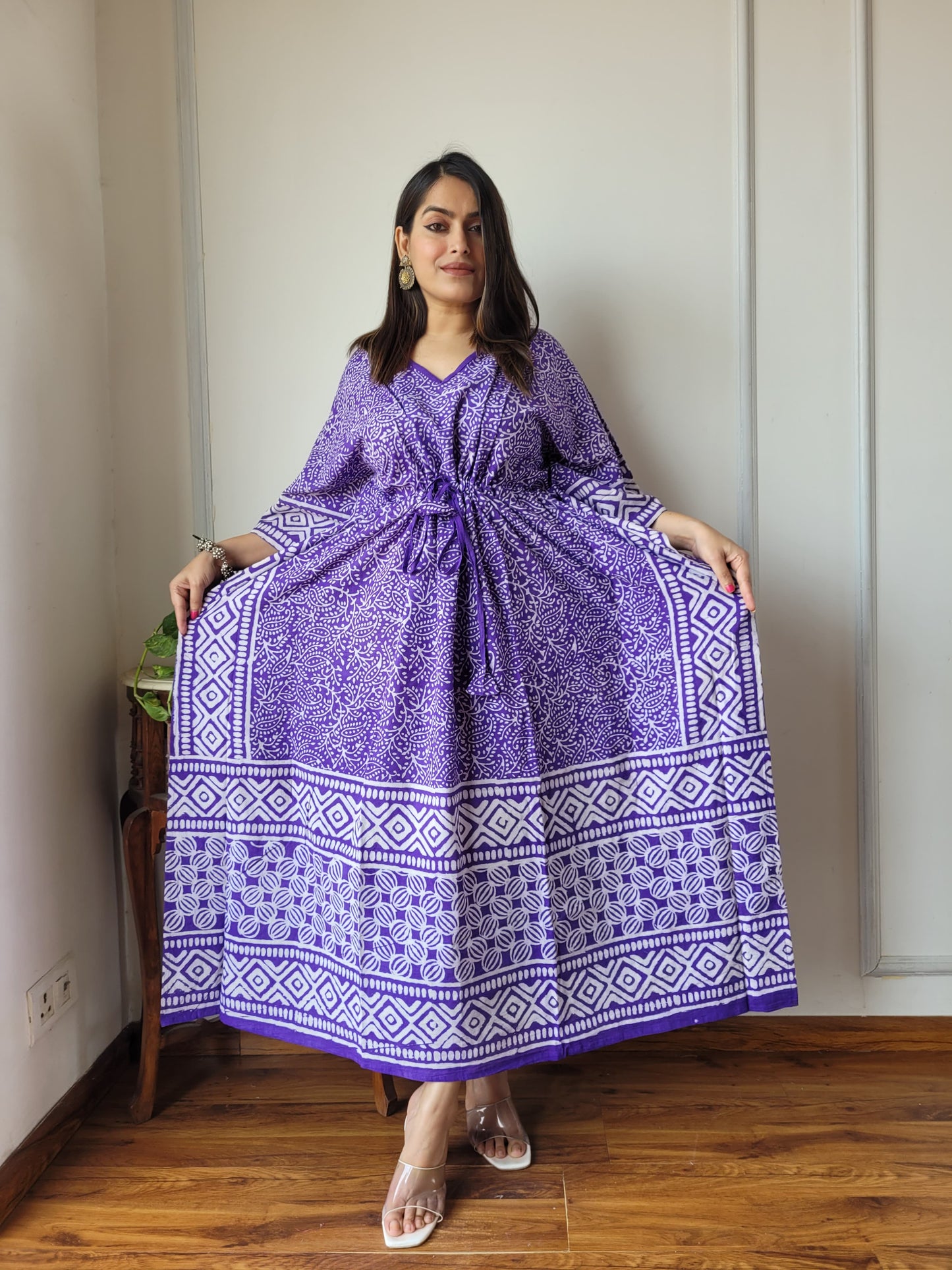 Pure Cotton Handblock Print Kaftan Maxi Night Wear Lounge Wear Night Gown Dress