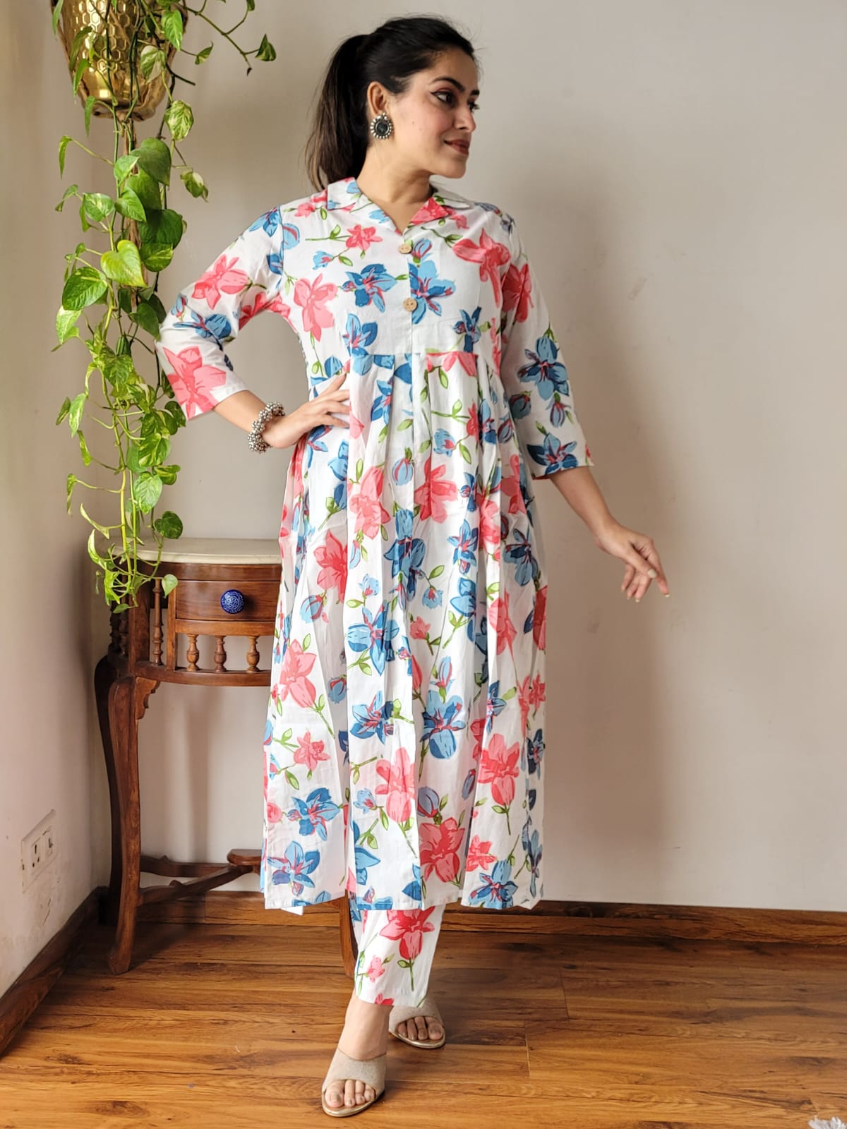 Nyra Cut Handblock Printed Cotton Kurti Pant Set Dress