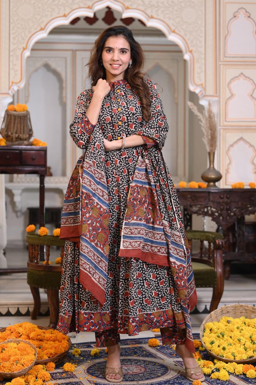 Bagru Handblock Printed Anarkali Set Kurti Pant Dupatta Suits