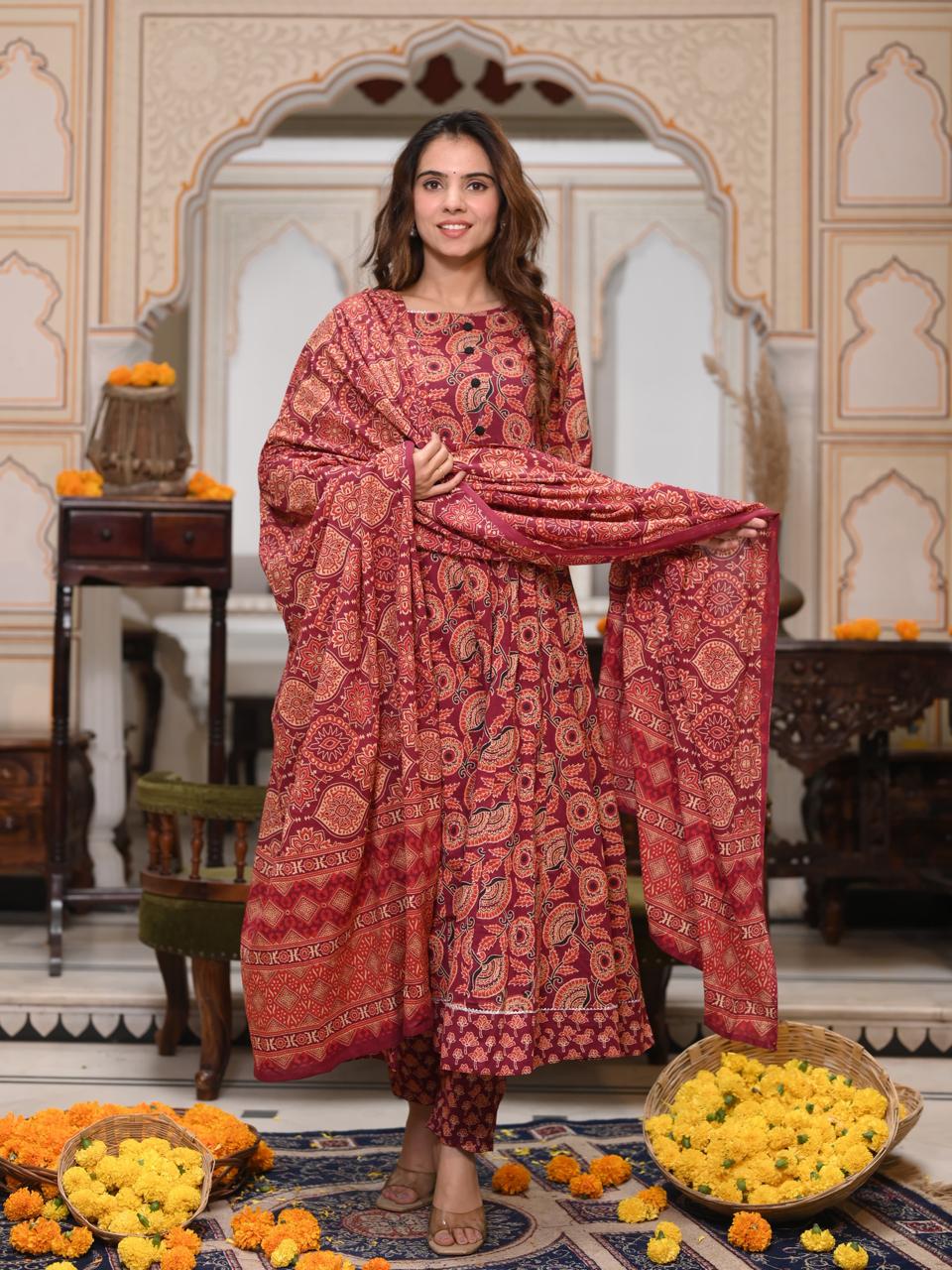 Bagru Handblock Printed Anarkali Set Kurti Pant Dupatta Suits
