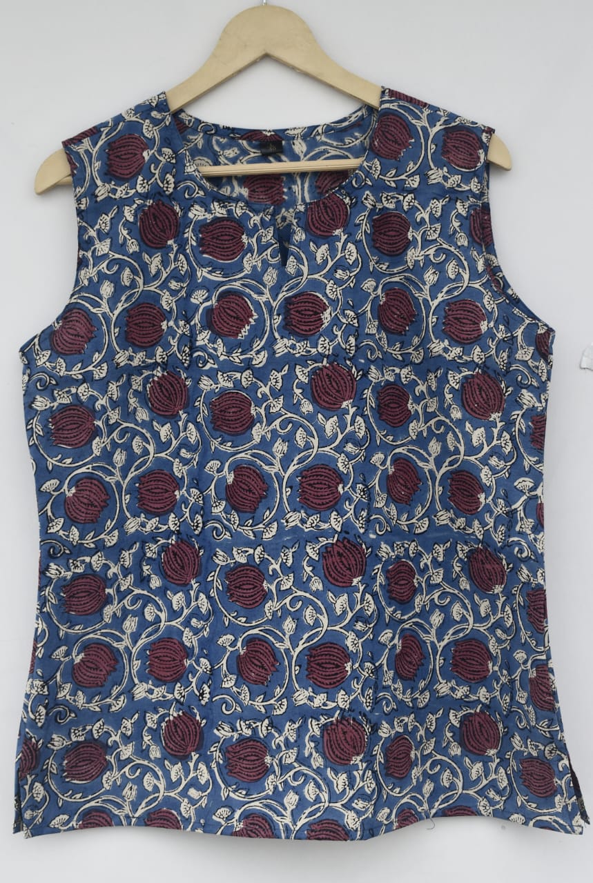 Cotton sleeveless tops kurti handblock print handmade natural colors
