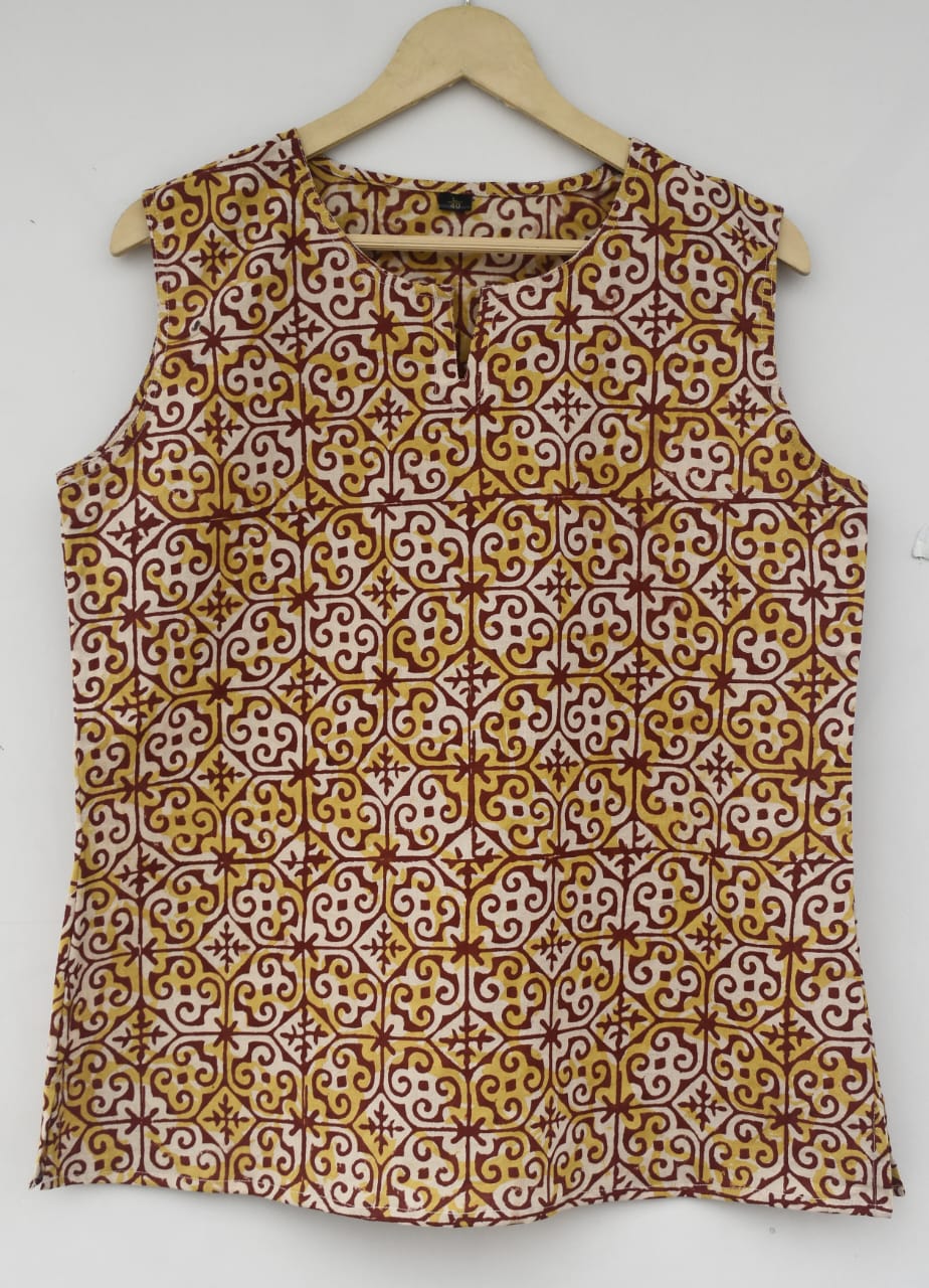 Cotton sleeveless tops kurti handblock print handmade natural colors