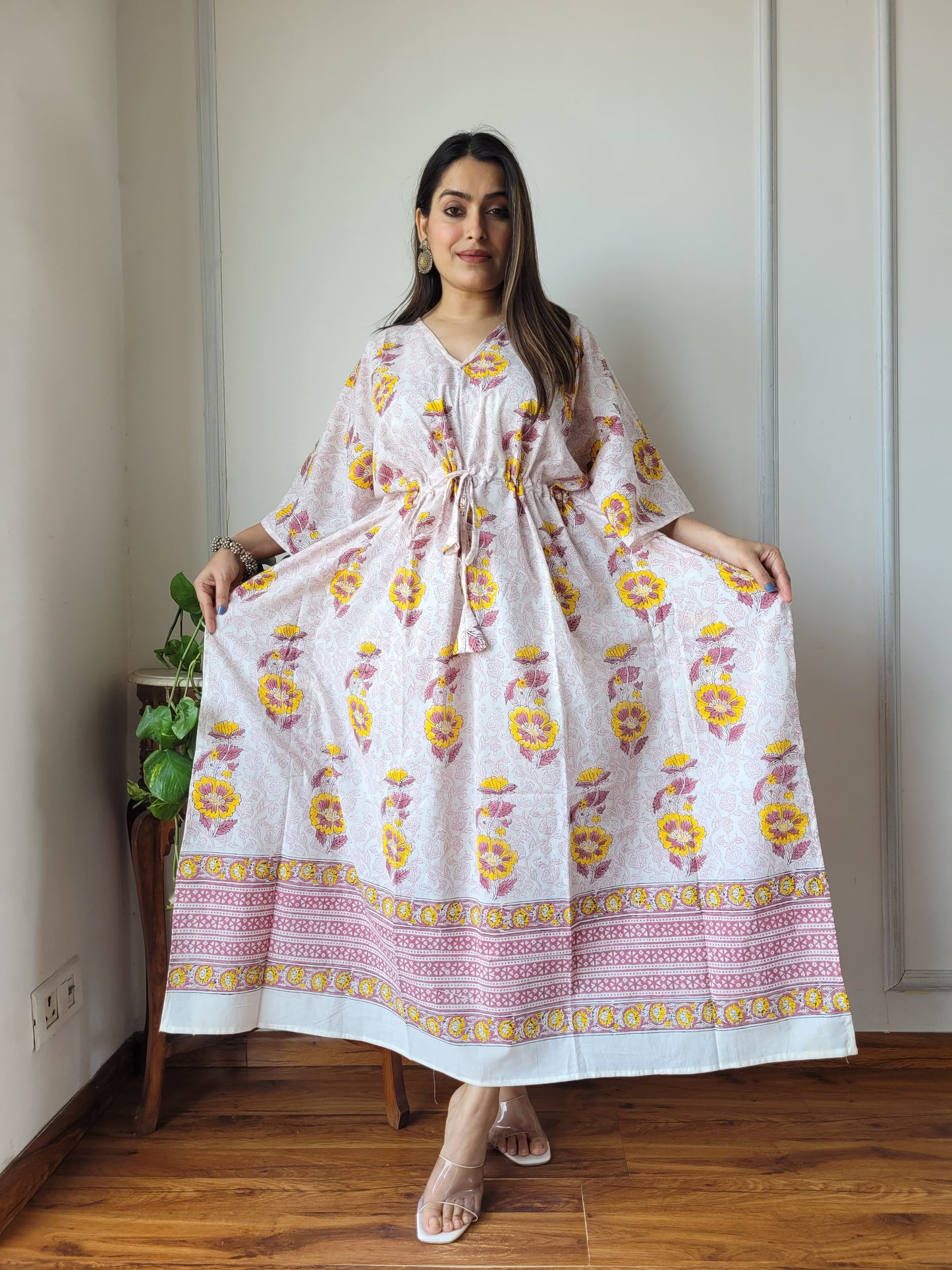 Pure Cotton Handblock Print Kaftan Maxi Night Wear Lounge Wear Night Gown Dress