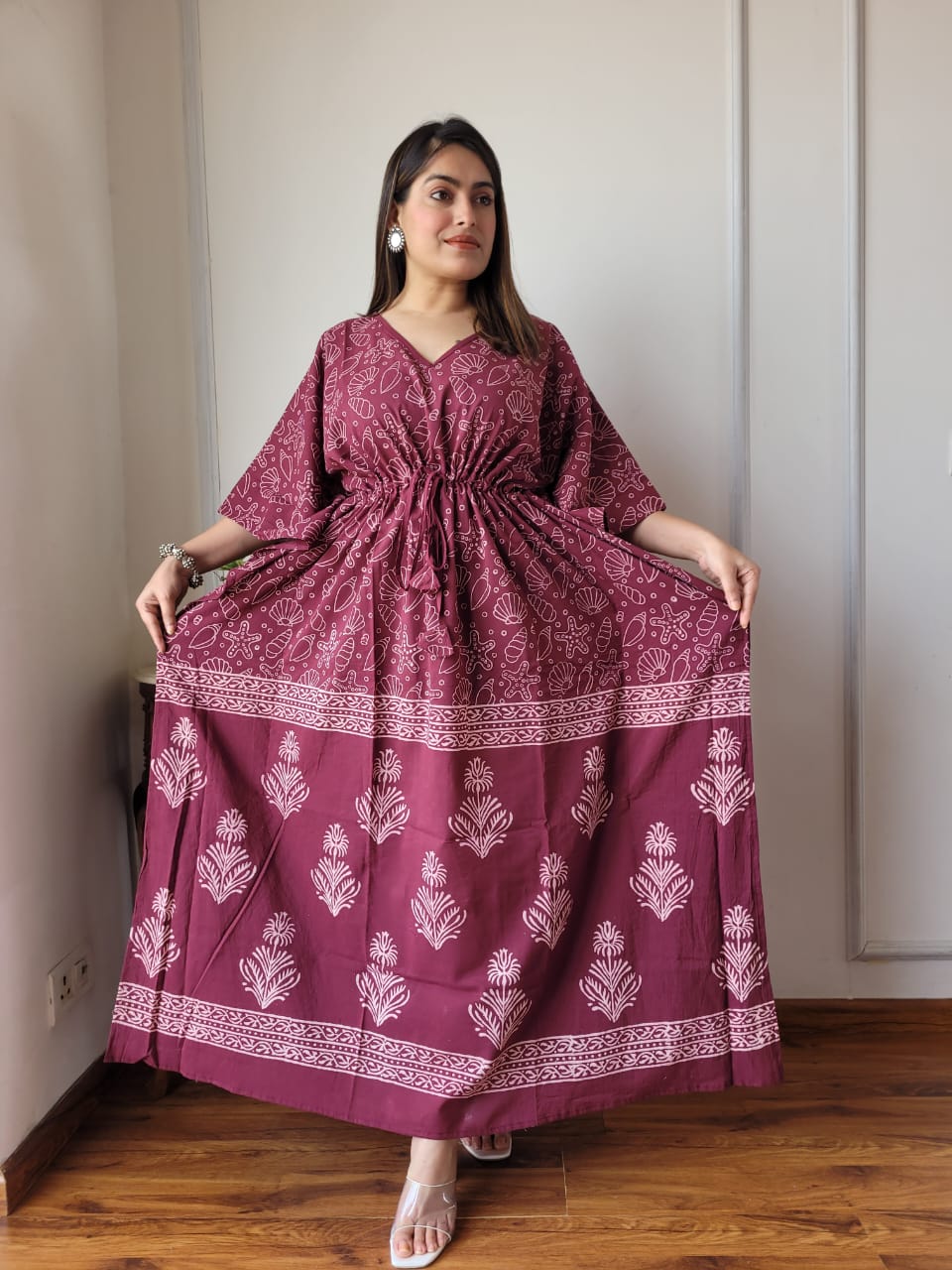 Pure Cotton Handblock Print Kaftan Maxi Night Wear Lounge Wear Night Gown Dress