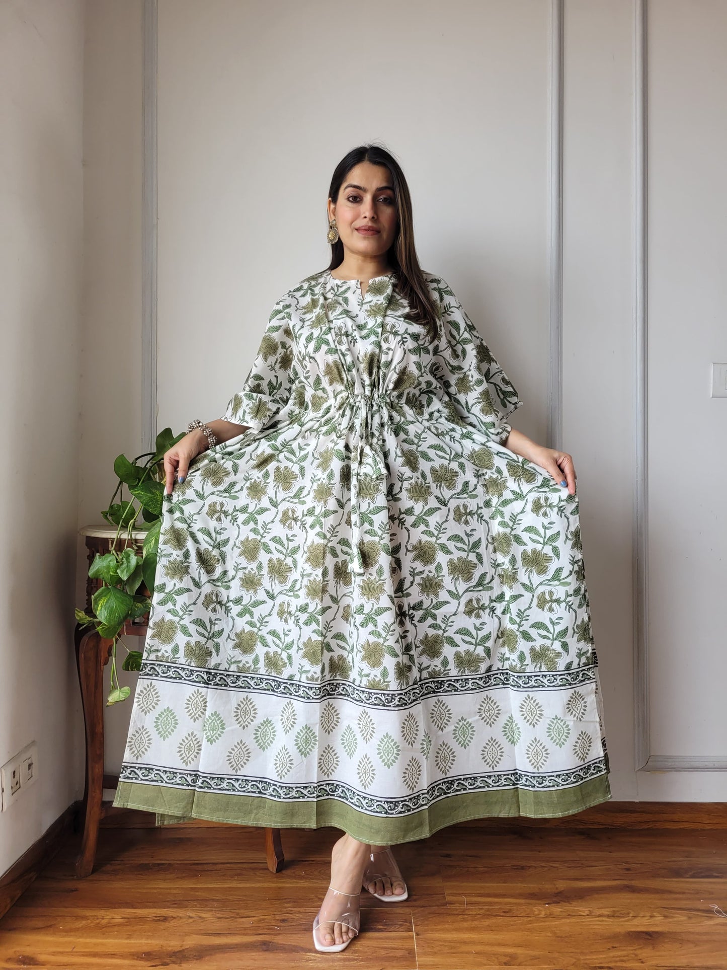 Pure Cotton Handblock Print Kaftan Maxi Night Wear Lounge Wear Night Gown Dress