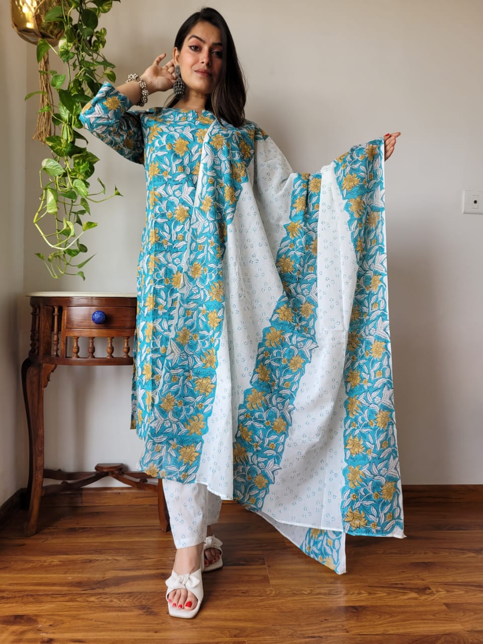 Premium Quality Handblock Print Cotton Suits Kurti Pant Dupatta Set