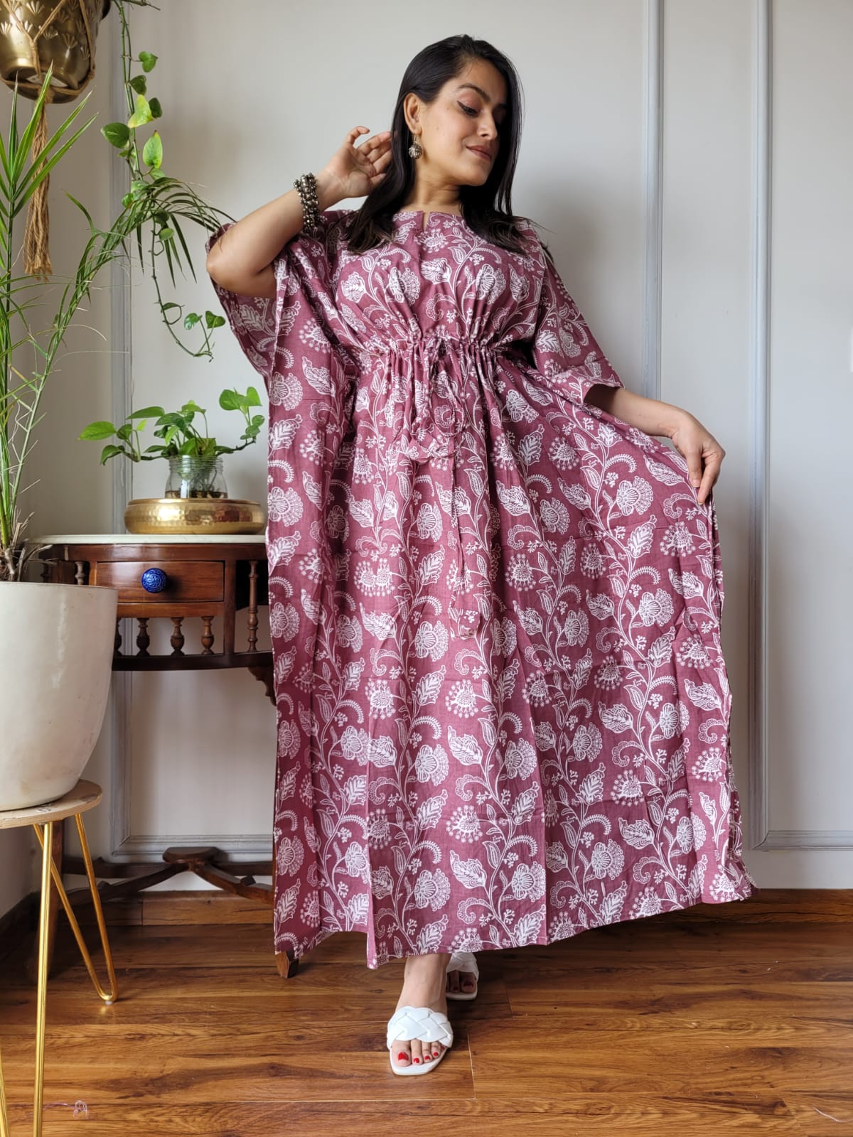 Pure Cotton Handblock Print Kaftan Maxi Night Wear Lounge Wear Night Gown Dress