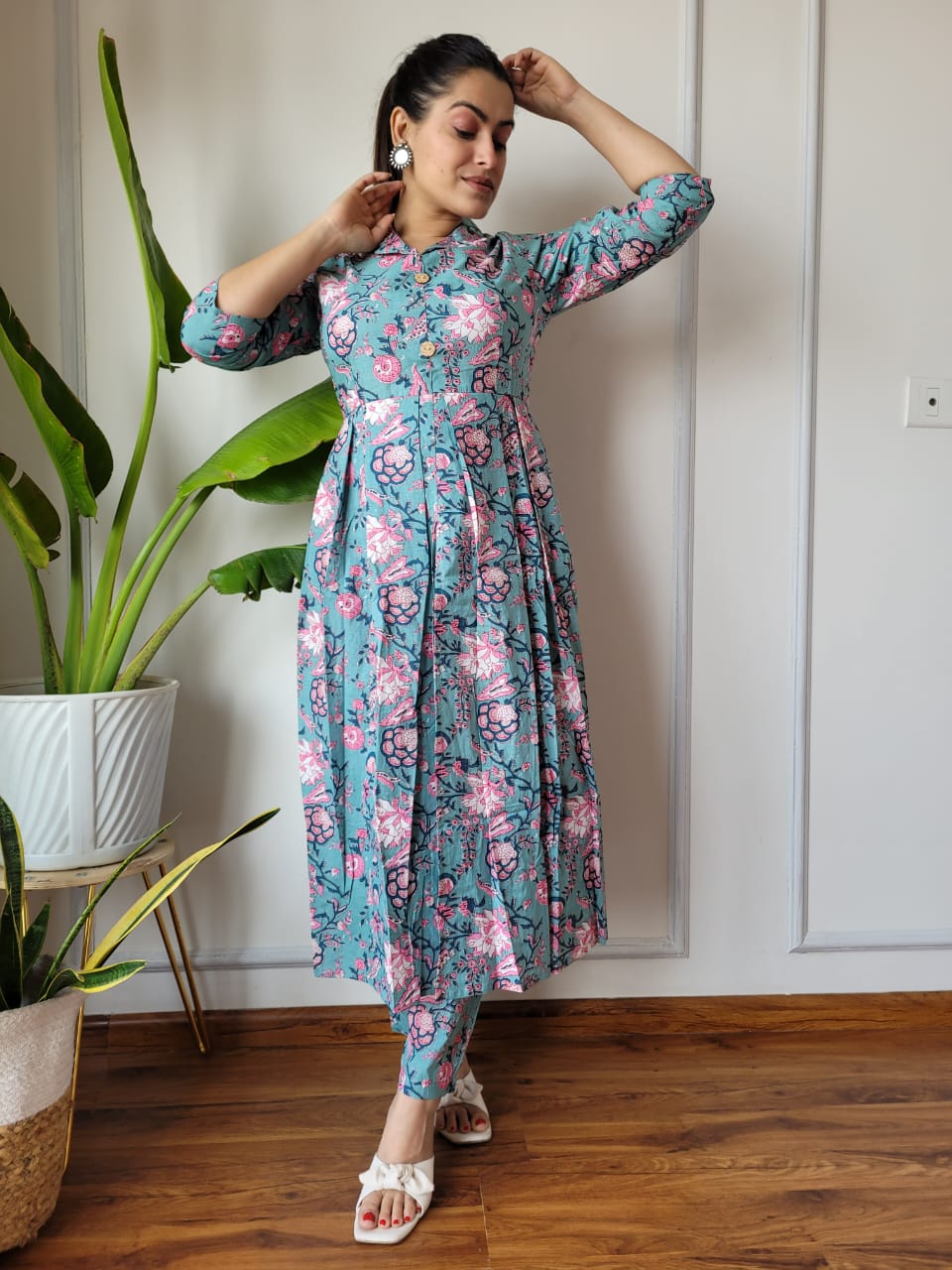 Nyra Cut Handblock Printed Cotton Kurti Pant Set Dress